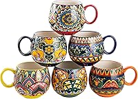 Henten Home Boho Ceramic Coffee Mug Set of 6 - 20oz Colorful Stackable Porcelain Mugs with Handles, Microwave & Dishwasher Safe for Latte, Cappuccino, Tea