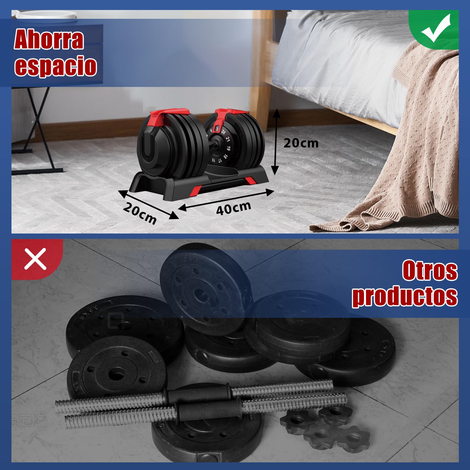 DH FitLife Mancuernas Ajustables 24kg con Base de Almacenamiento, Juego de Pesas Compactas 12 en 1 para Culturismo y Entrenamiento - Diseño Ahorra Espacio, para Hombre y Mujer