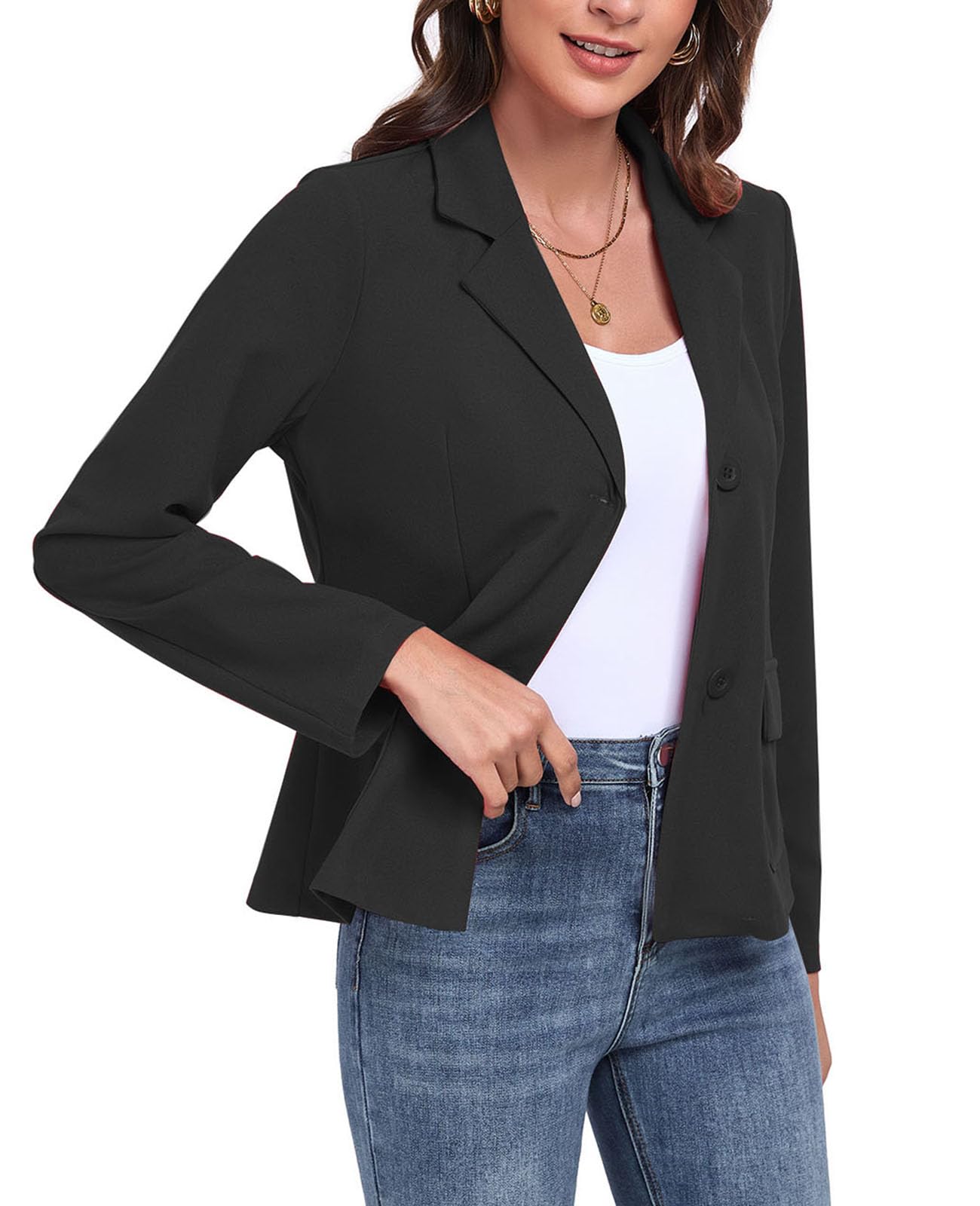 Damen-Blazer, lässig, langärmelig, Knopfleiste, Revers, Arbeit, Büro, Business, Blazer mit Taschen