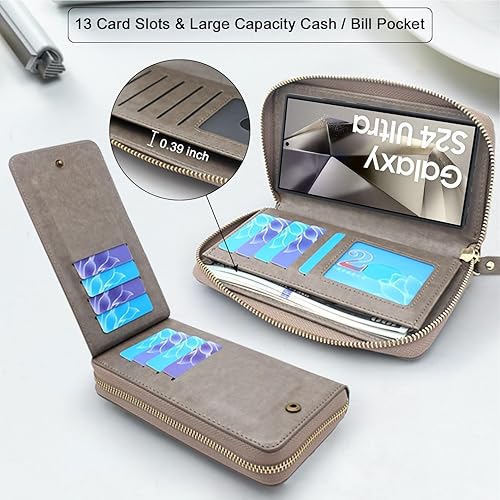 Miniatura 9 de Lacass Cartera para Samsung Galaxy S Ultra de 6.9 pulgadas 2024, cruzada con doble cremallera desmontable magnética de piel, funda tipo cartera con