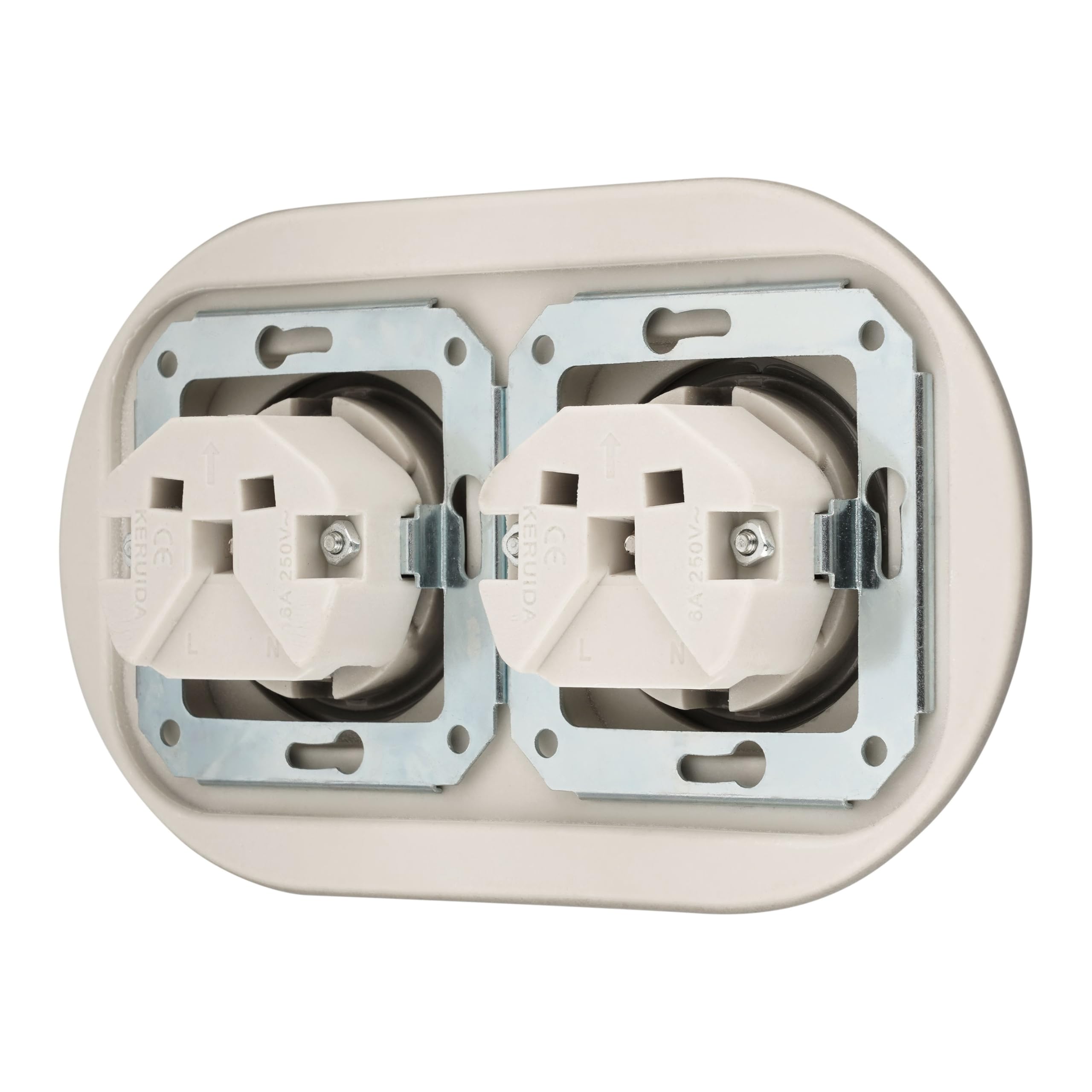 Unterputz Porzellan Retro Steckdose 2-fach, All-in-One, SET Serie PR1 graubeige