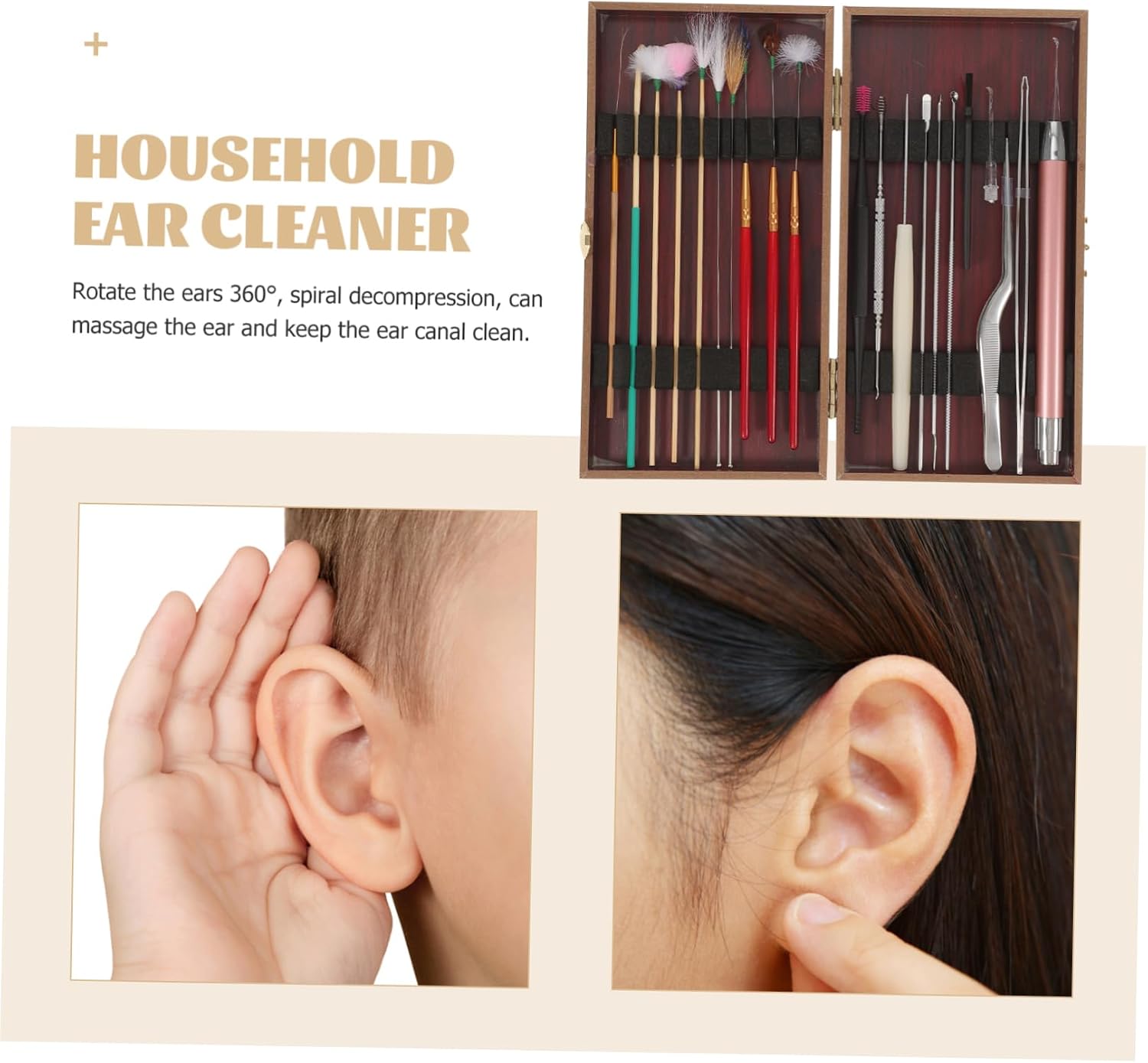 CALLARON Earwax Removal Tools Premium Wood and Abs Cleaning Kit with Box Ear Canal Massage Spoons for Ear Hygiene Dark Red