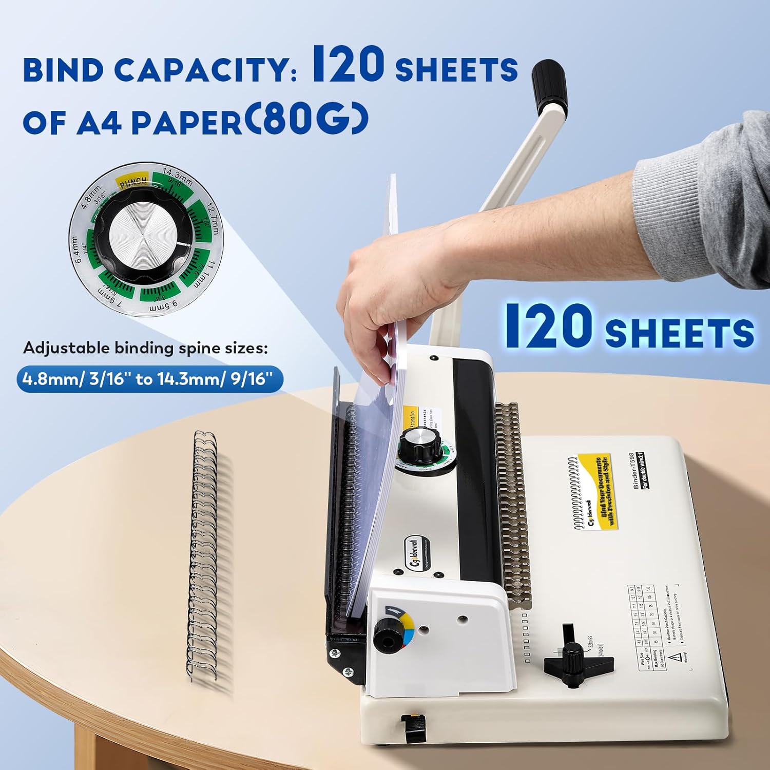 CGOLDENWALL T 598 showing bind capacity of 120 sheets of A4 paper (80g) and adjustable binding spine sizes from 4.8mm to 14.3mm.