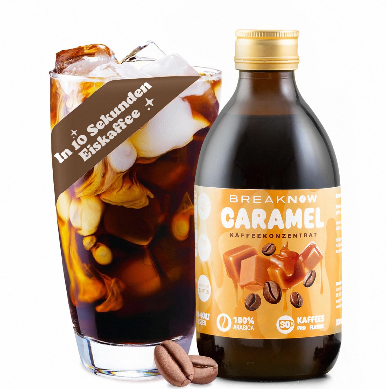 BreakNow Caramel Macchiato - Concentré de Café Glacé avec Arôme de Caramel - Sirop pour Cappuccino, Frappé - Prêt en 10 Secondes - 1 Bouteille = 30