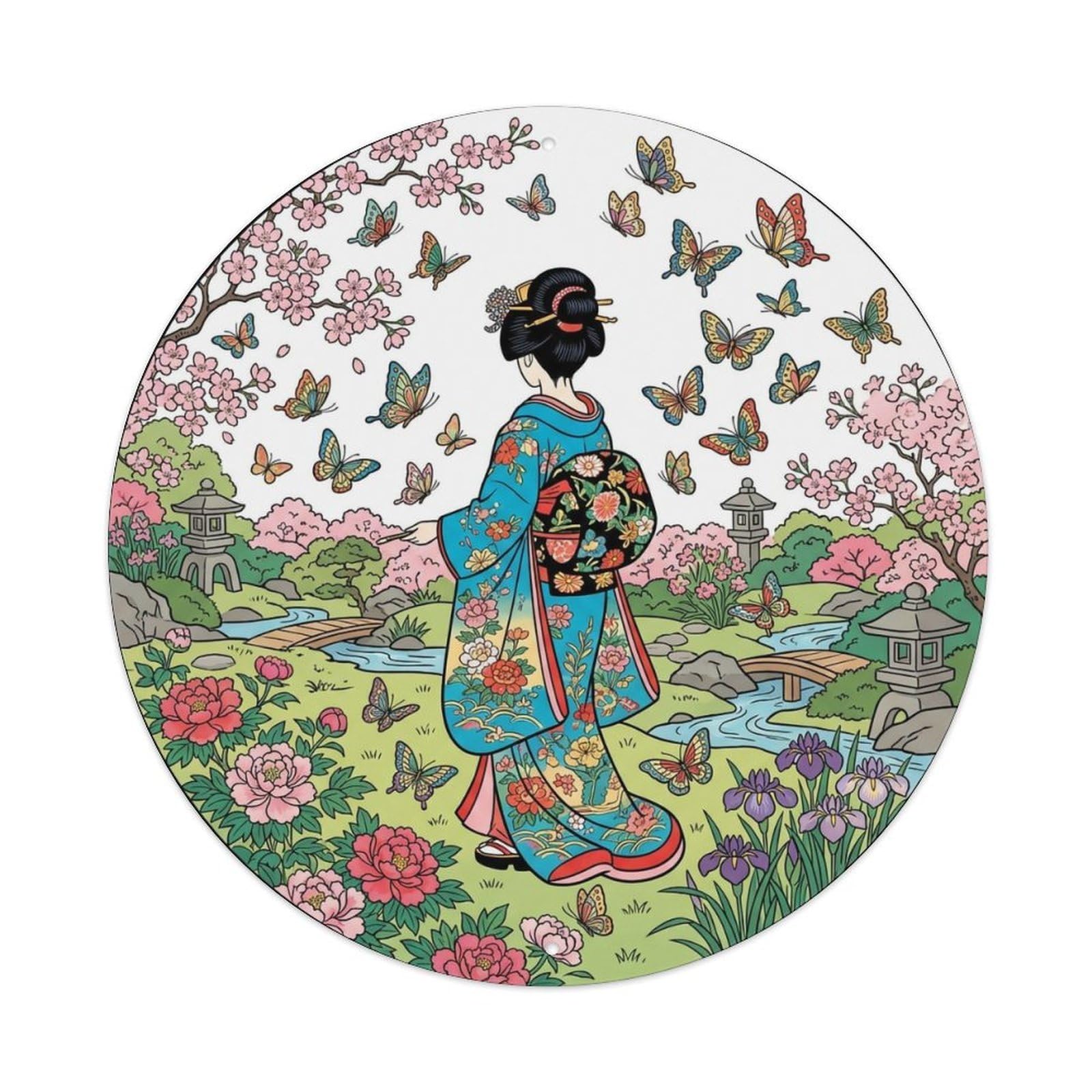 Japanese Geisha Butterfly Garden Flowers Elegant Metal Tin Sign