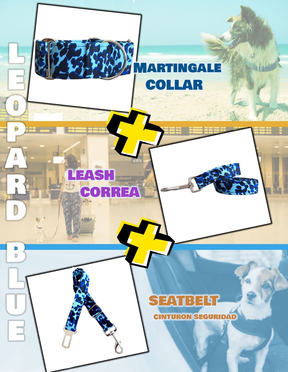 Collar Martingale/Correa/Cinturon Seguridad LEOPARD BLUE para Perro Galgo Greyhound - Hecho a Mano en España