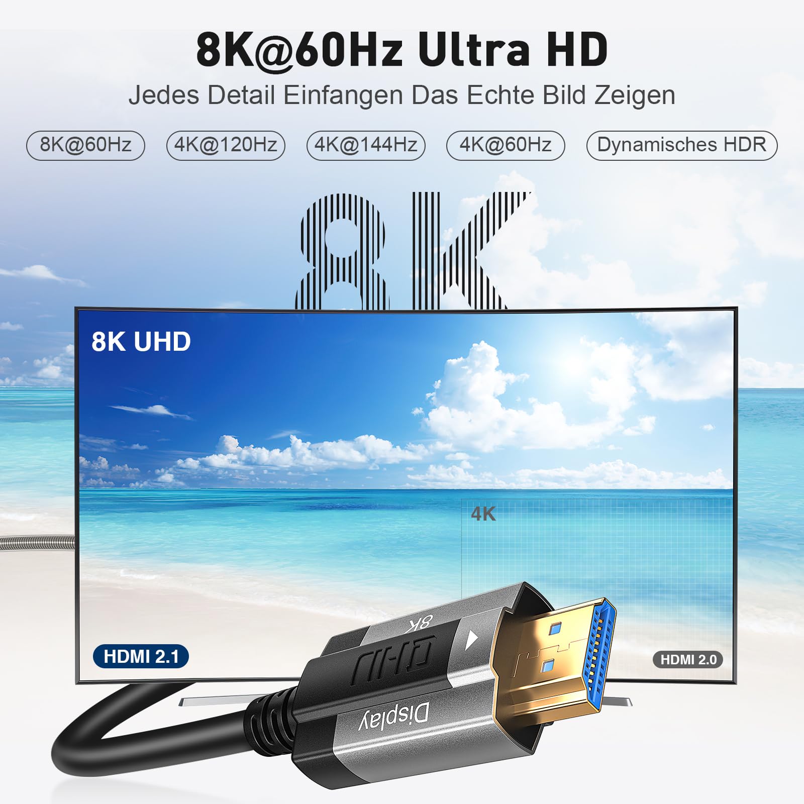 Cable de fibra óptica 8K HDMI 15M, cable HDMI 2.1, 48 Gbps, ultra alta velocidad, 8 K @ 60 Hz, 4 K @ 120 Hz, Dynamic HDR eARC Dolby HDCP 2.2 y 2.3 para