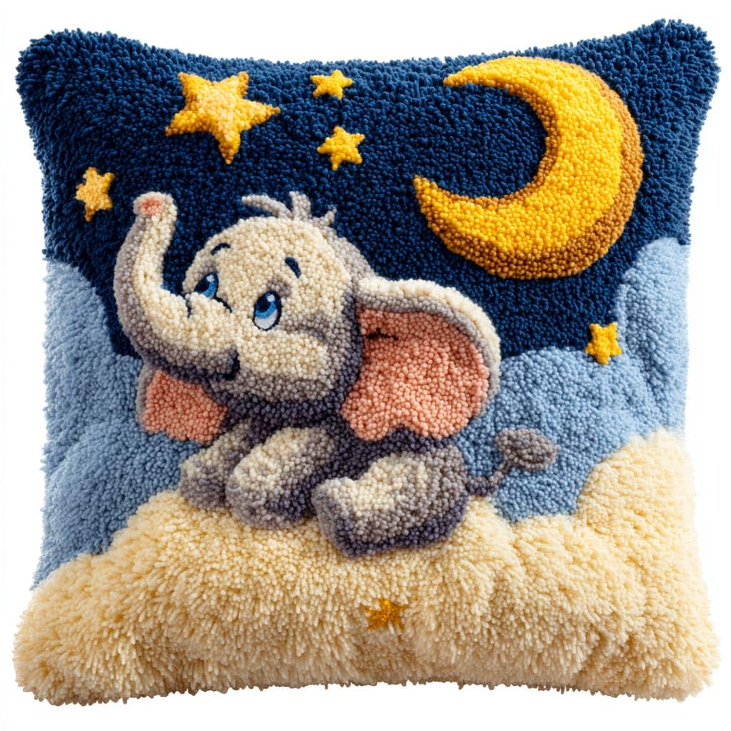 Taxpy Latch Hook Pillow Kits, Elephant and Moon Pre-Printed Latch Hook Rug Kits Cross-Stitch Embroidery Cushion Sofa Cushion Making Kits 43x43cm