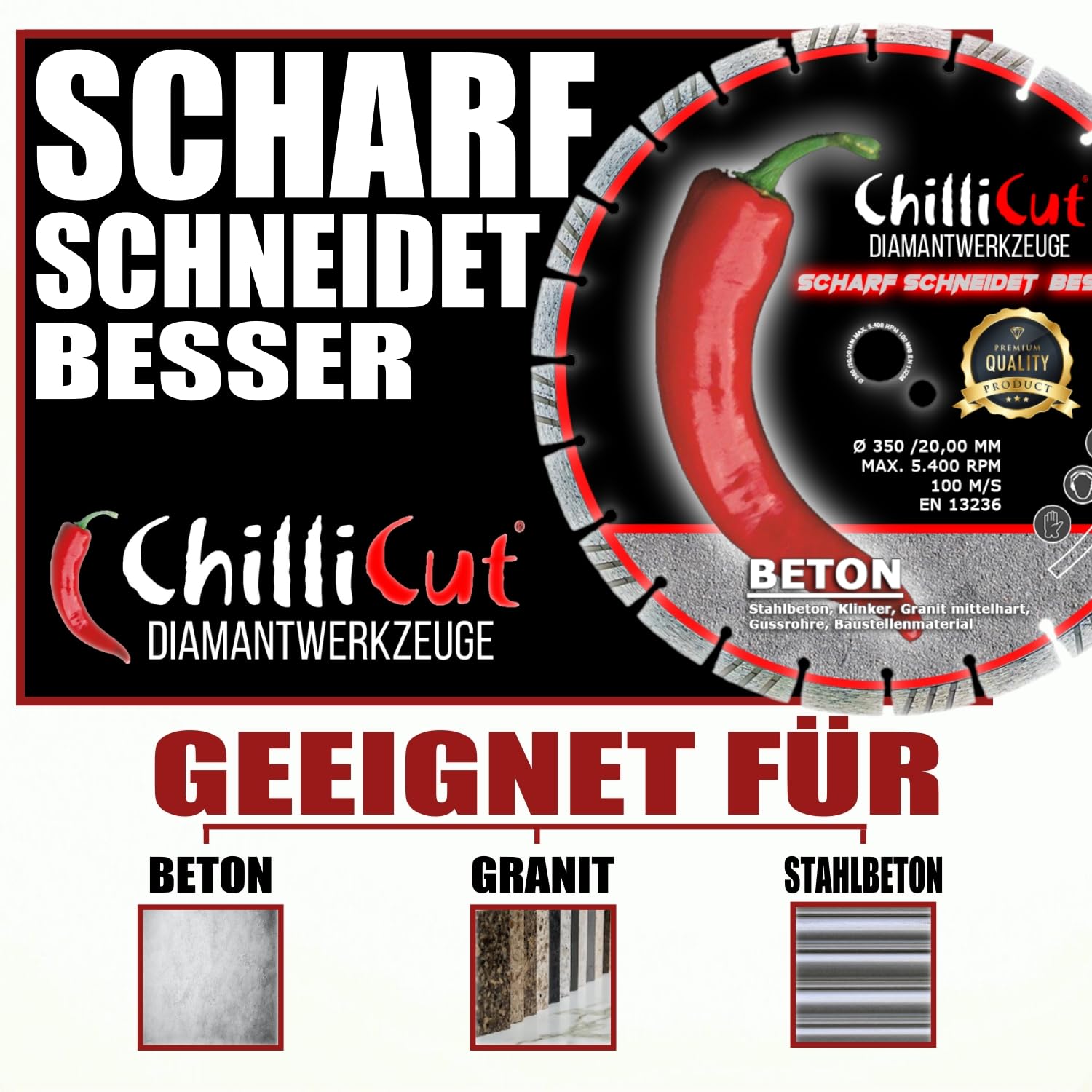 ChilliCut Diamanttrennscheibe CHILLI ROXX 5er Set Ø 125 mm | Profi-Diamantscheiben für Beton, Stahlbeton, Granit & Klinker | Turbo-Wechselsegmente | EN 13236