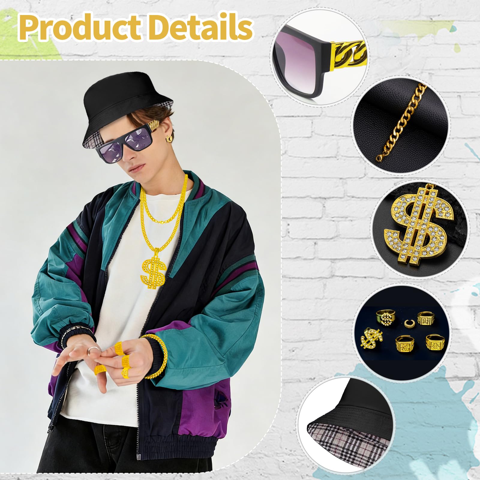 FICOFISE 10PCS Hip Hop Party Decorations Set 90s Fancy Dress Men Rapper Costume Kit with Fake Gold Chain, Dollar Necklace - Image 3