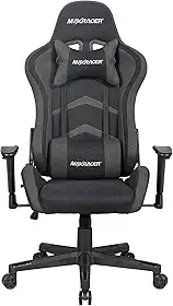 MAX RACER - Cadeira Gamer Aggressive - Cadeira Ergonômica para Jogos - Até 150kg, Braços com Regulagem de Altura, Tecido Poliéster Frio, Inclinação 180°, Almofada Cervical e Lombar - Preto e Cinza
