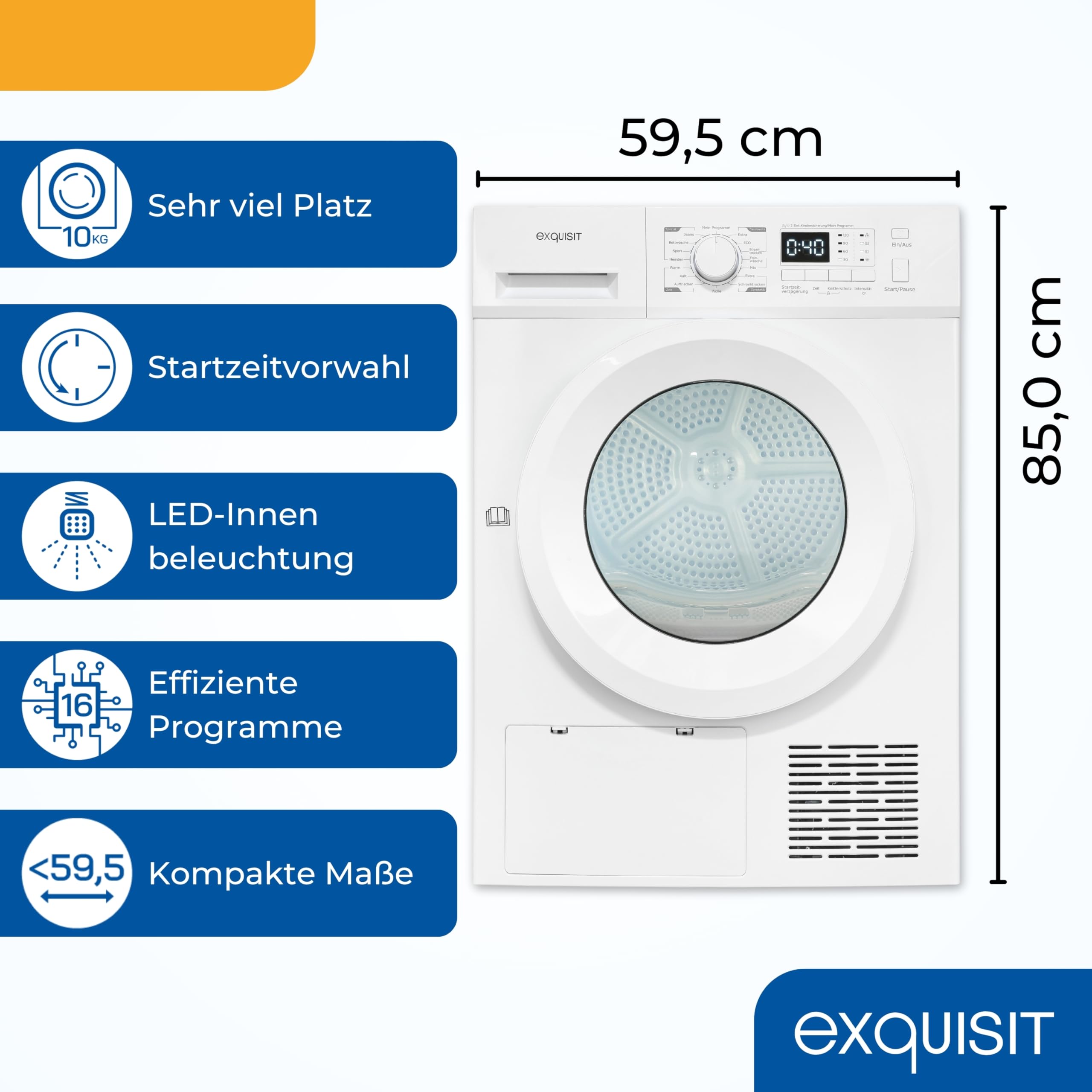 Exquisit TWP1001-030D - Secador con bomba de calor, 10 kg, 16 programas, protección contra arrugas, LED, carga frontal, color blanco