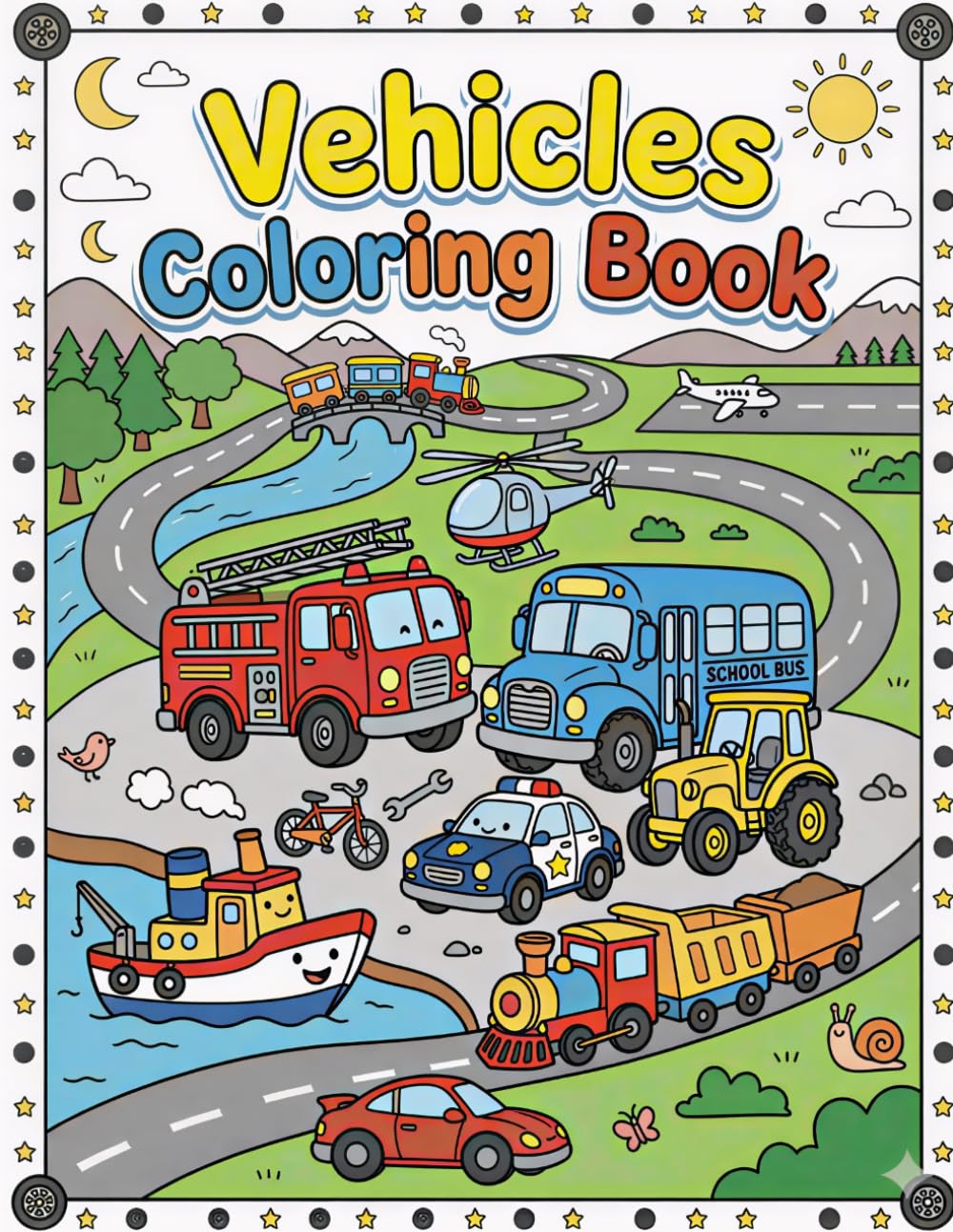 VEHICLES COLORING BOOK: Fun and Easy Cars, Trucks, Buses, Trains, and More | Big Simple Designs for Toddlers & Preschool Boys and Girls