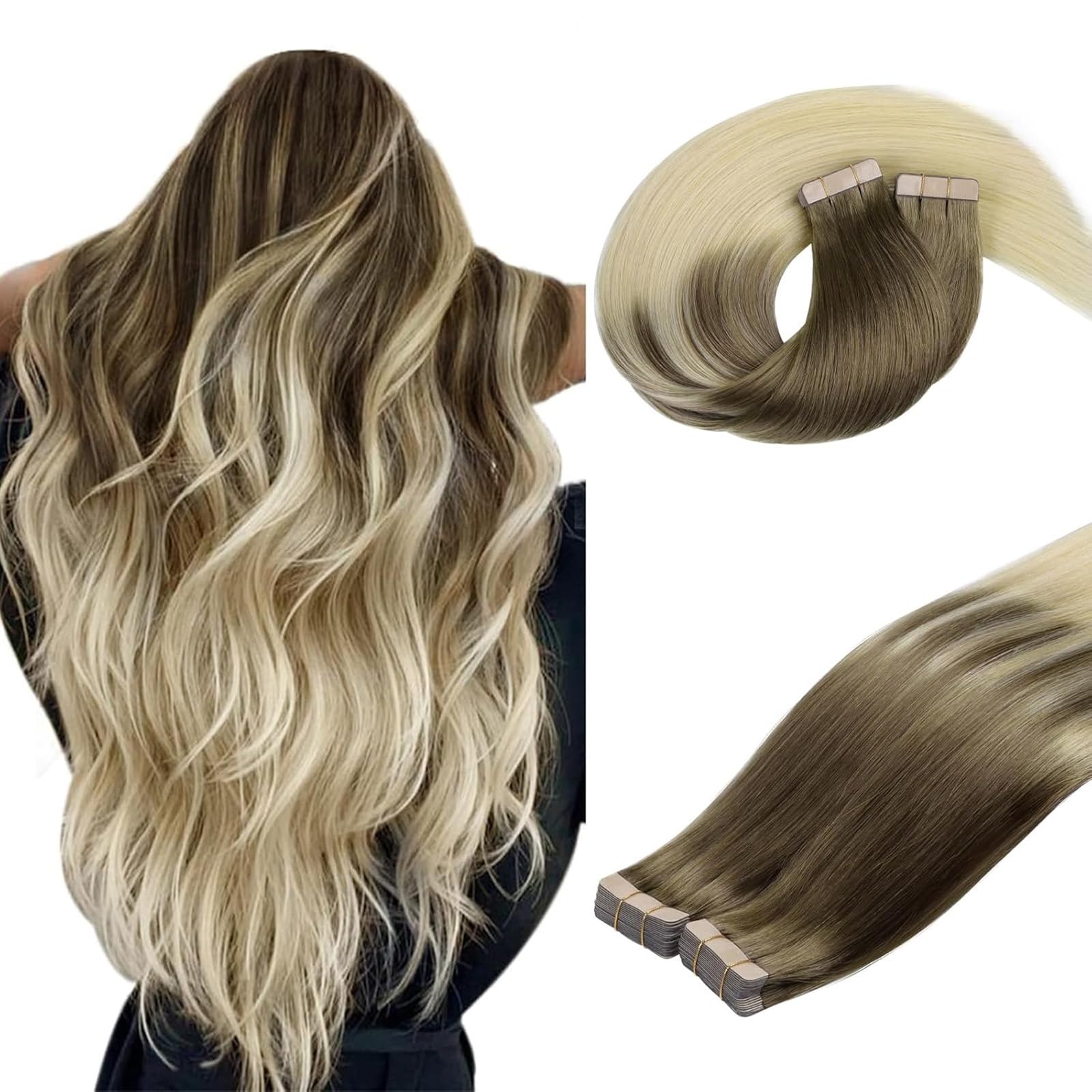 DOORES Human Hair Extensions Tape in, Balayage Walnut Brown to Ash Brown and Bleach Blonde, 18 Inch 20pcs 50g, Tape in Hair Extensions Silky Straight Soft Weft — view 11