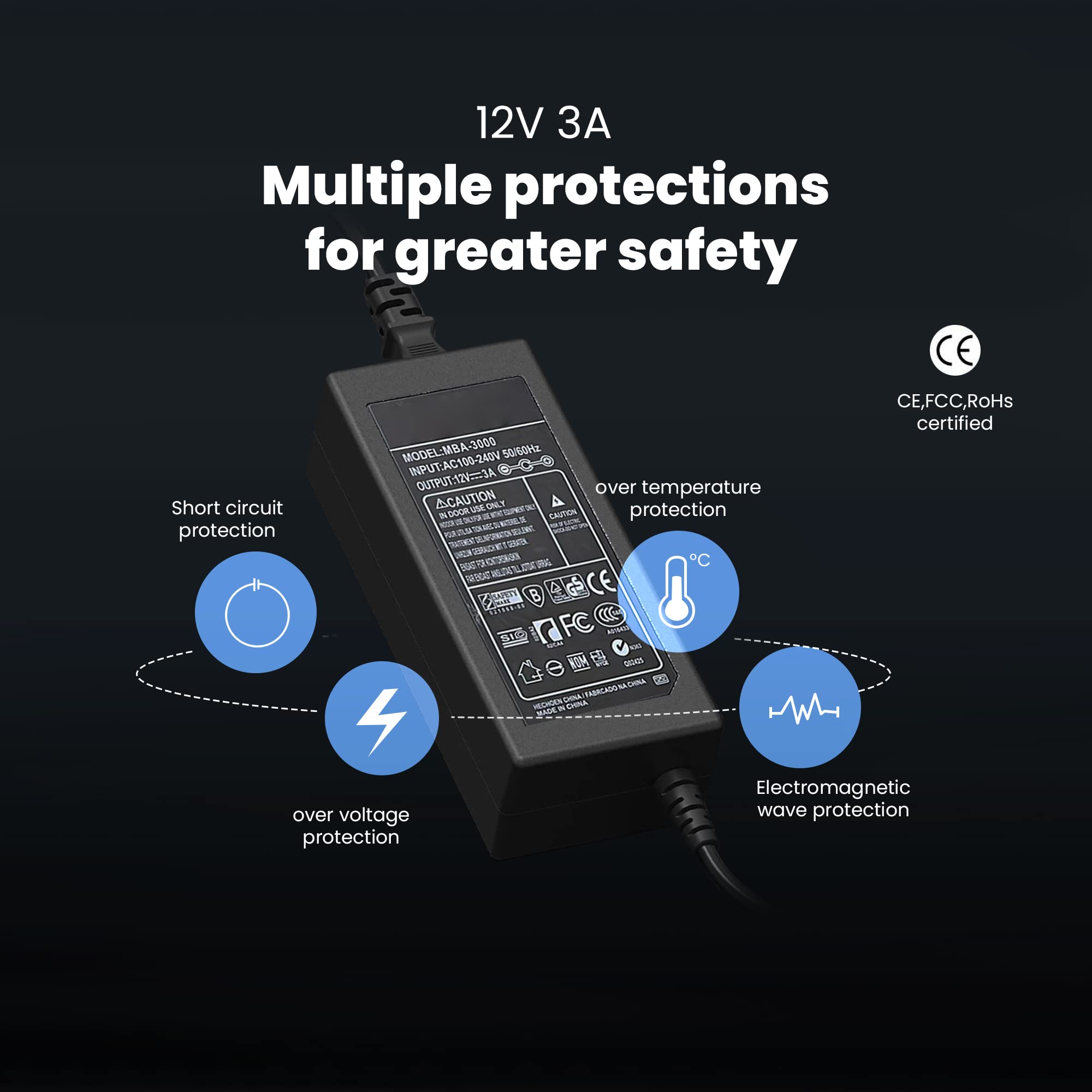 Venton Uniwersalny zasilacz 12 V DC 3 A 36 W, AC 100-240 V 50/60 Hz, adapter, zasilacz sieciowy/długość kabla 1 m (wtyczka jack 5,5 – 2,5 mm) kompatybilny z laptopami, TV Box, paskami LED, routerem,