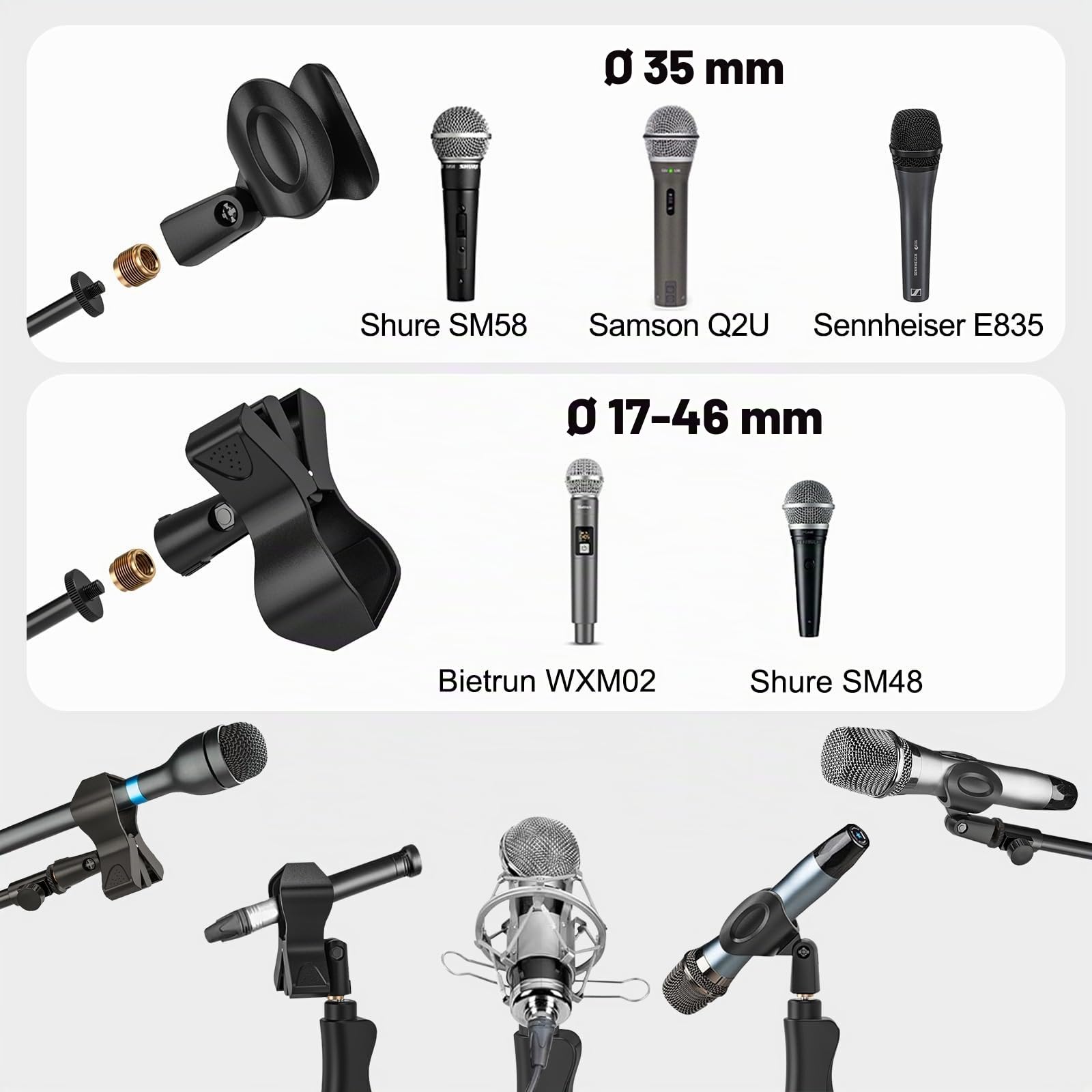 Mikrofonständer mit Teleskop-Galgen 51–91 cm, Höhe bis 232 cm, 2 Clips | Höhenverstellbares Mikrofonstativ mit 24 mm Stahlrohr, Mic Stand mit 2 Mikrofonclips und Gewindeadaptern