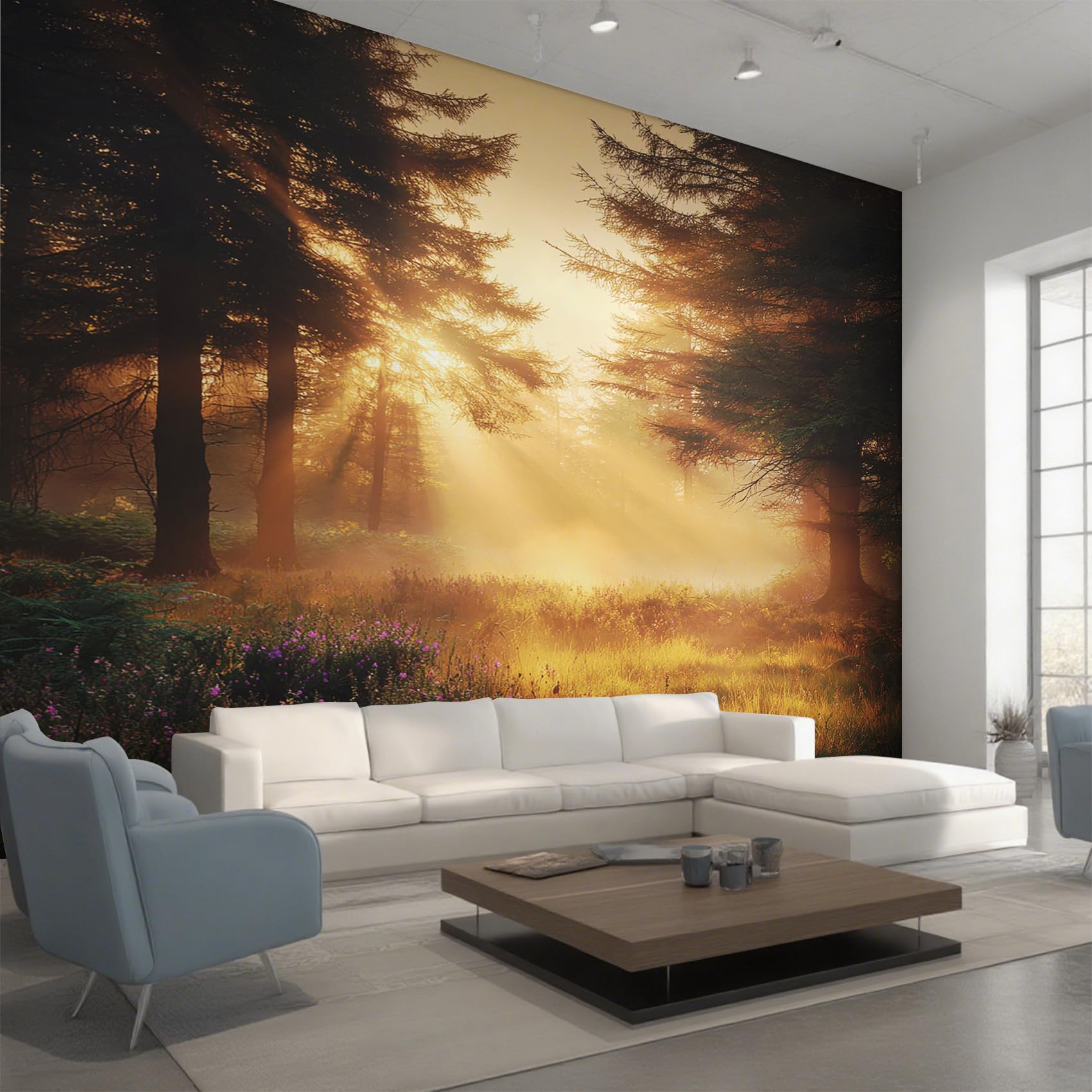 Non-Woven Misty Forest Wallpaper - Sunshine Woodland Trees Wall Mural for Bedroom, Living Room Background Decoration, Home Decor Photo Wall Paper 200x140 cm (WxH)