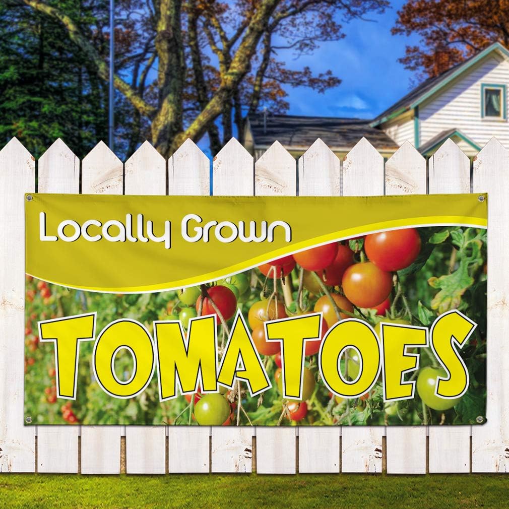 Vinyl Banner Sign Locally Grown Tomatoes Business Locally Grown Tomatoes Outdoor Marketing Advertising Yellow - 24inx48in, 4 Grommets, One Banner