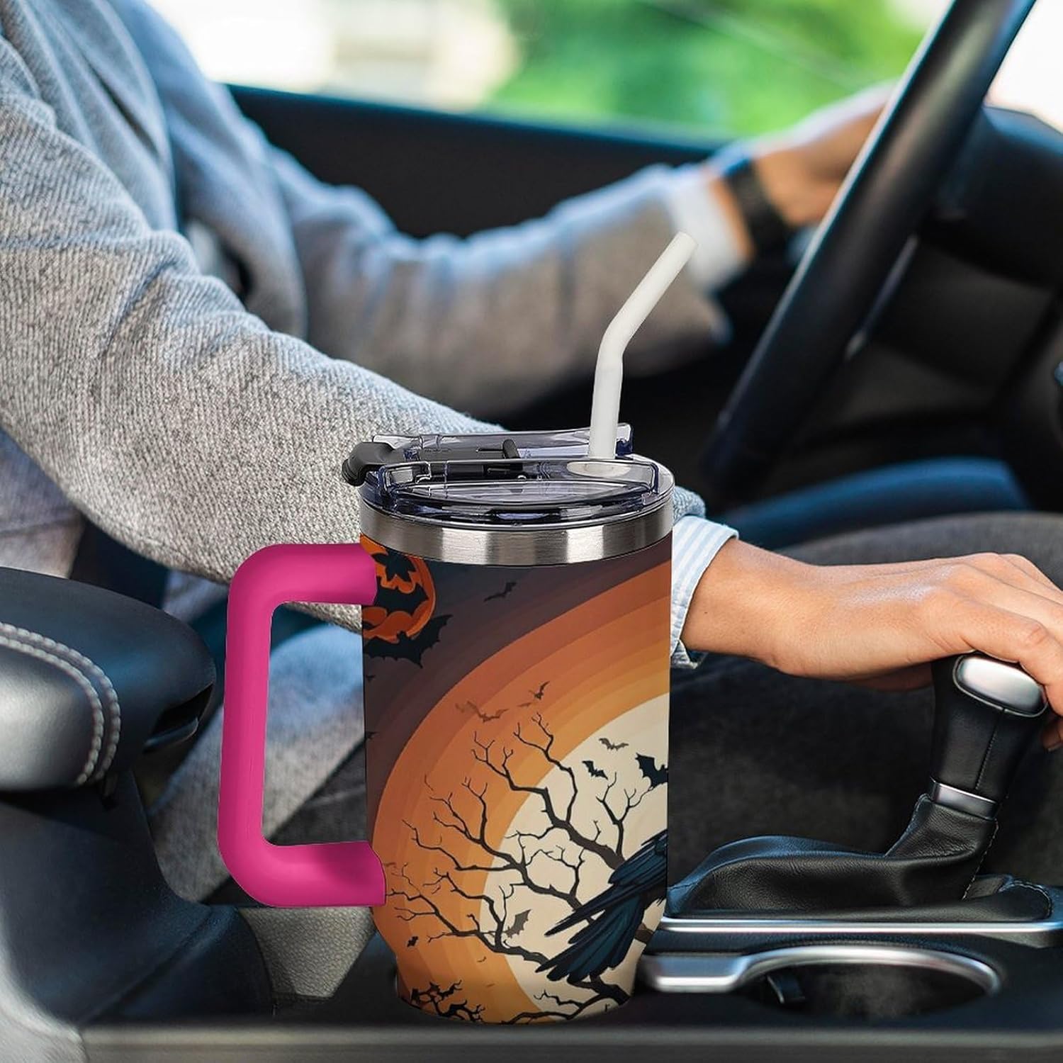 Raven Halloween Travel Coffee Mug Reusable Durable Stainless Steel Insulated Tumbler with Handle And Straw Leak Resistant Portable Thermal Cup Gifts for Men Women 40 Oz
