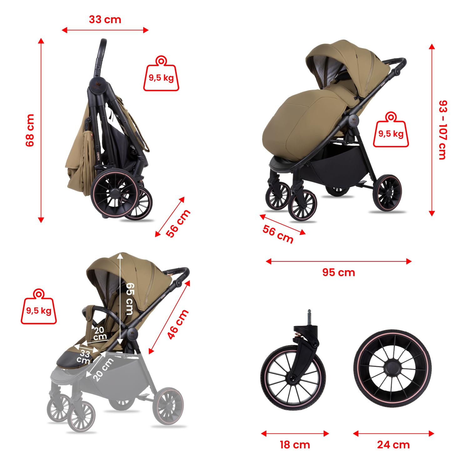Babylux Poussette de Voyage ROMBO avec Fonction Allongée, Couleur: Olive | Poussette, Petite Et Légère, Poignée Télescopique, Pliage Compact, Sac À Langer, Sac De Voyage Et Autres Accessoires