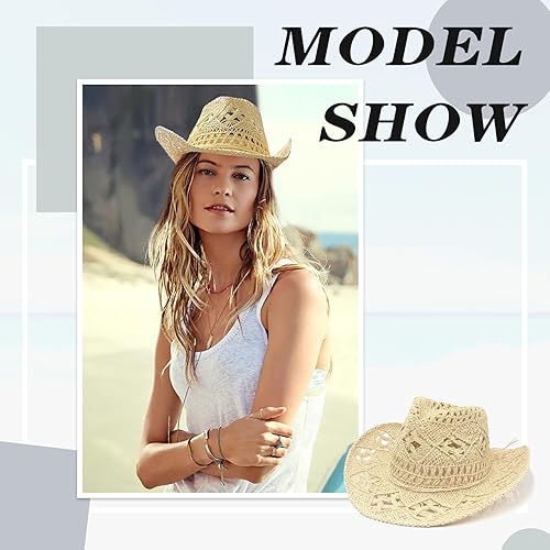 Miniatura 5 de Sombreros de vaquero de paja para mujer, sombrero de vaquera occidental brillante para fiestas de vacaciones, sombrero de sol plegable para