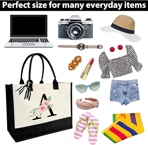 Miniatura 6 de Bolsa de lona personalizada con inicial para mujer, bolsa de playa con bolsillo interior con cremallera para bodas, cumpleaños, vacaciones