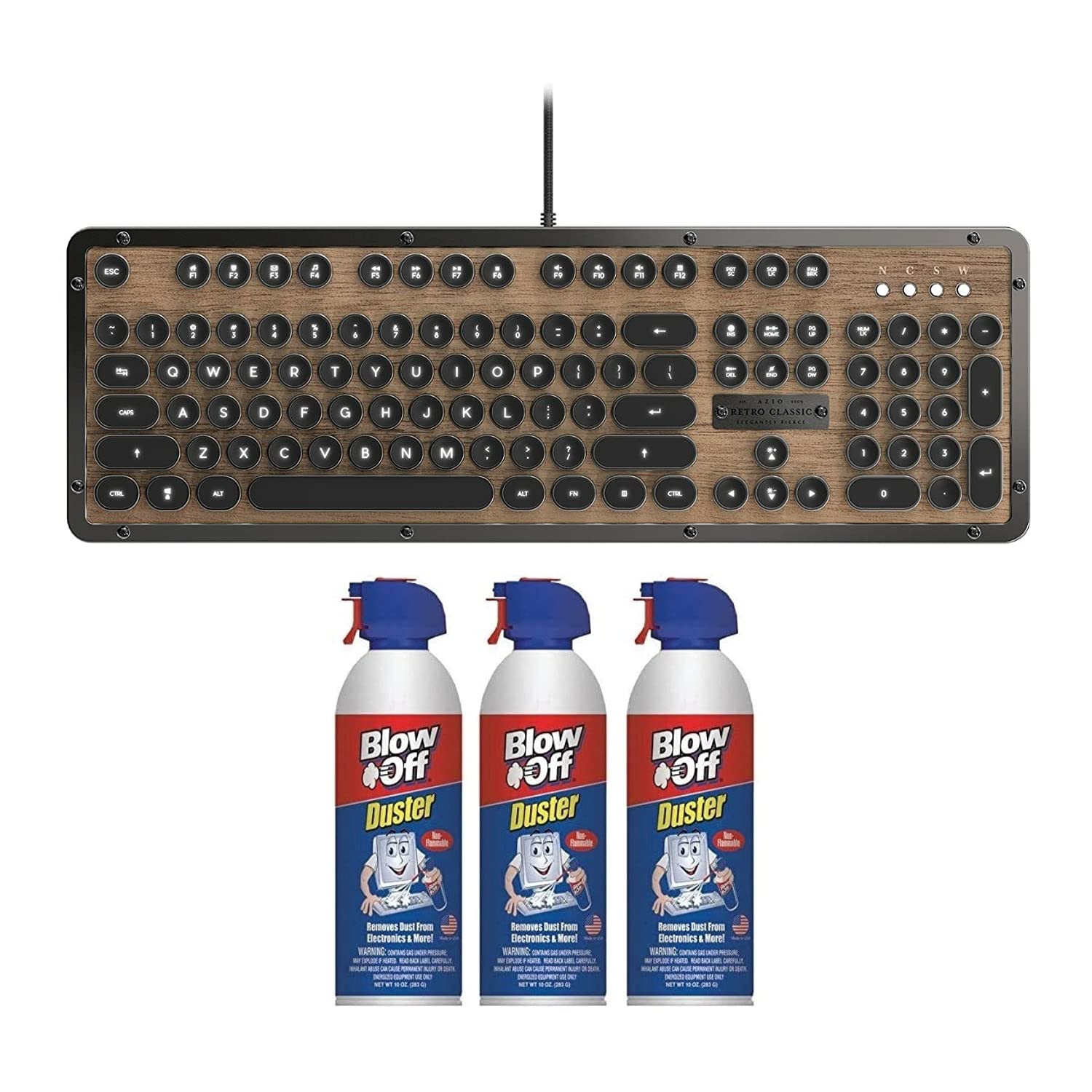 Azio Retro Classic USB Backlit Mechanical Keyboard (Elwood) and Blow Off Duster Bundle (4 Items)