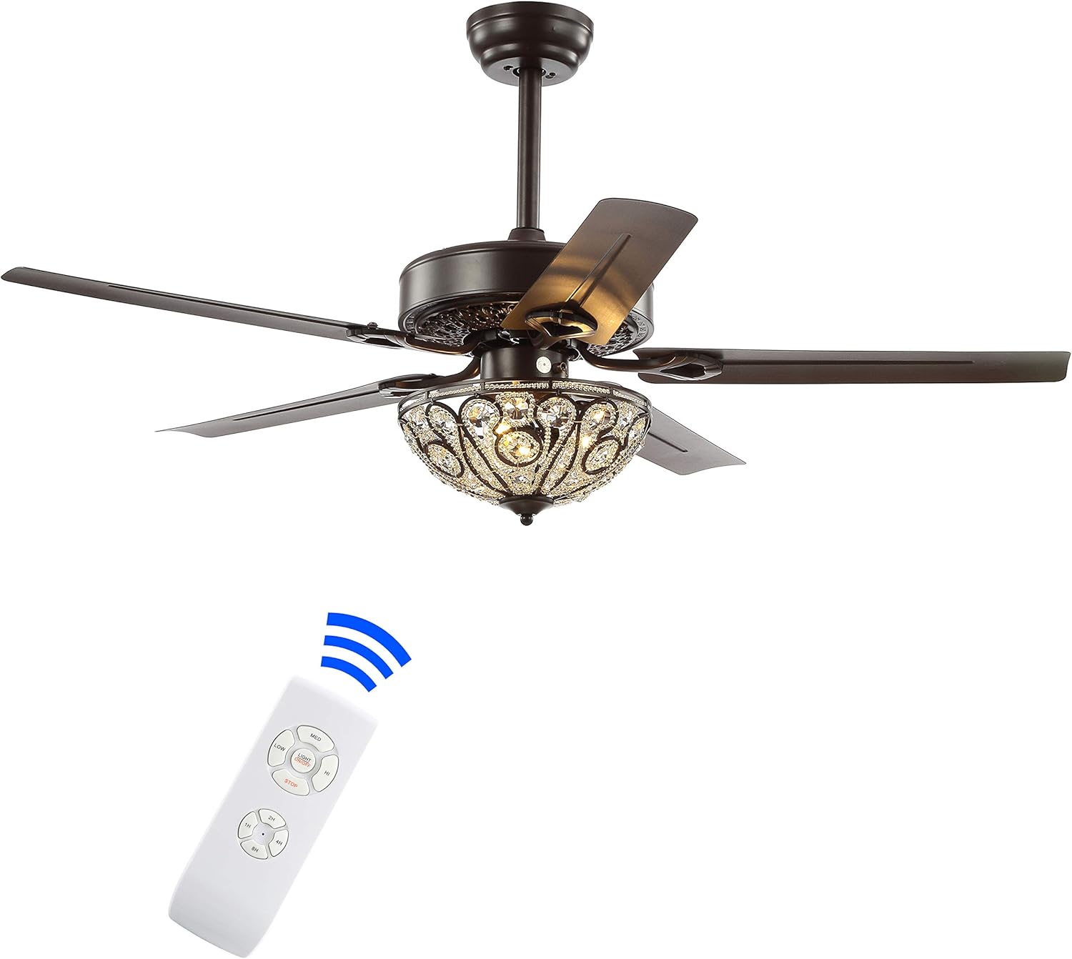 JONATHAN Y 48" Oil Rubbed Bronze 3-Light Wrought Iron LED Ceiling Fan with Remote, Traditional Glam Crystal Accents, 5 Reversible Blades, LED Bulbs Included JYL9704A