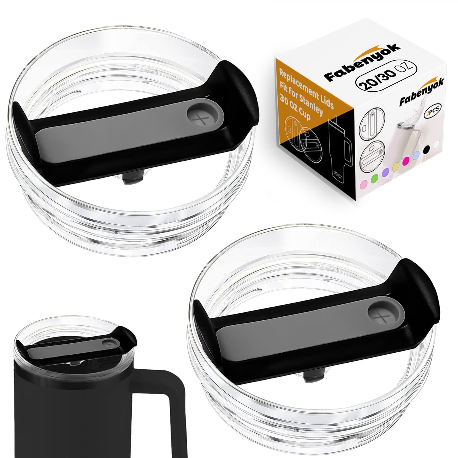 Fabenyok 30 OZ Tumbler Lid Replacement for Stanley Cup - 2 Pack Clear Spill Proof Covers, Travel Accessories (Clear - Black)