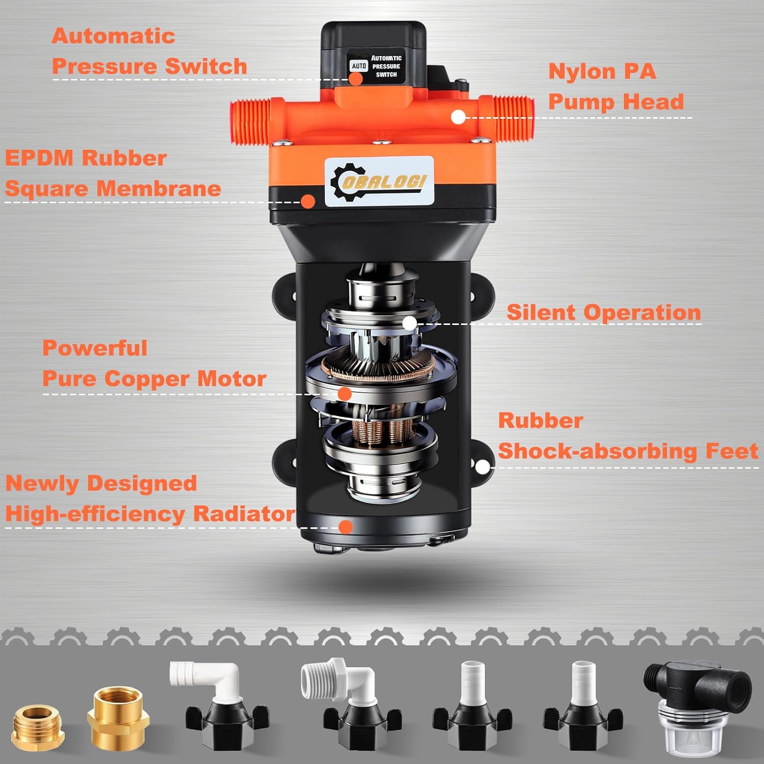 RV Fresh Water Pump 110V AC 6.0GPM 70PSI with Automatic Pressure Switch, Self Priming Diaphragm Pump for RV Marine Yacht Agricultural Irrigation, 3/4 Inch Garden Hose Adapters Included