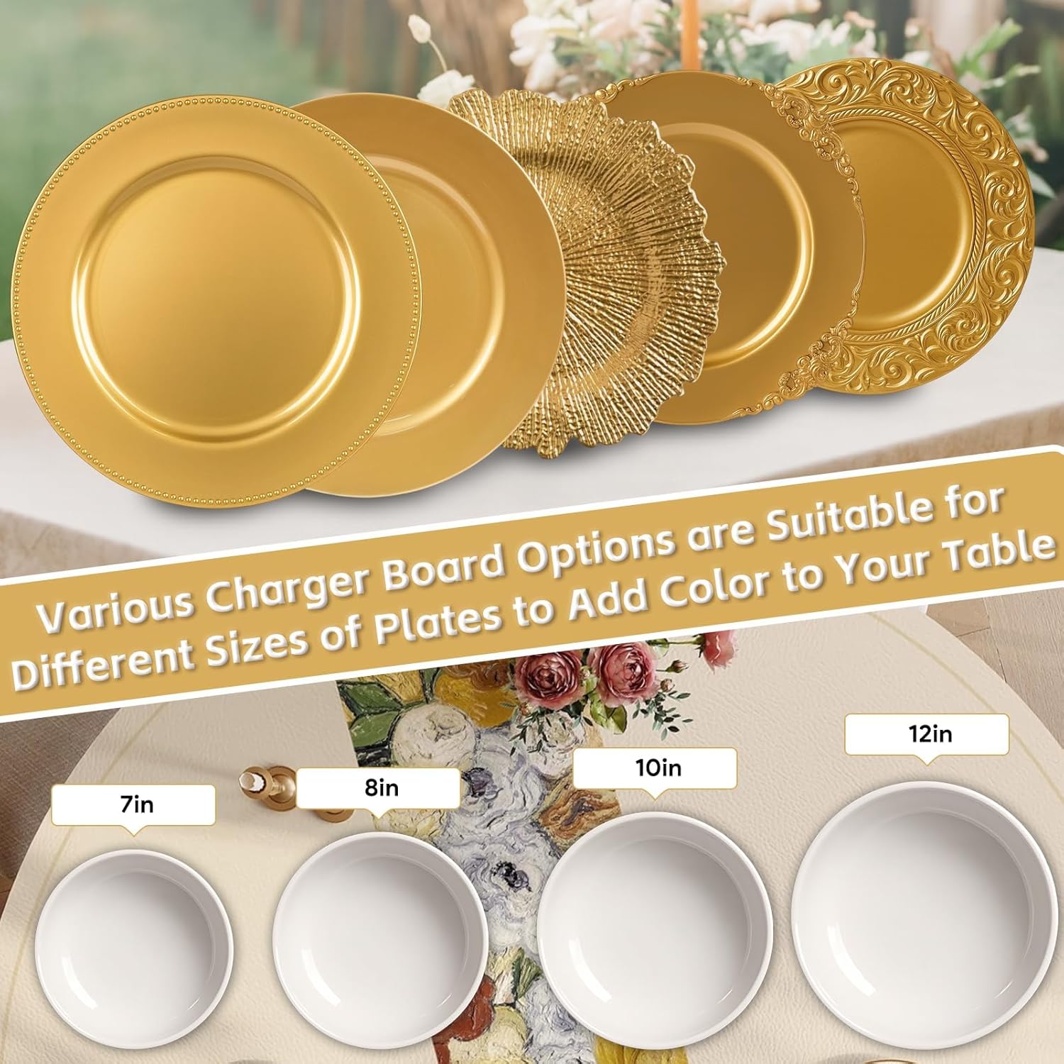 PROY 229 Pcs Charger Plates Set Bulk, 100 Pcs 13'' Gold Charger Plates 129pcs Metallic Gold Balloons Different Sizes 18 12 10 5 Inch Dinner Chargers Set For Dinner Wedding Party Decoration