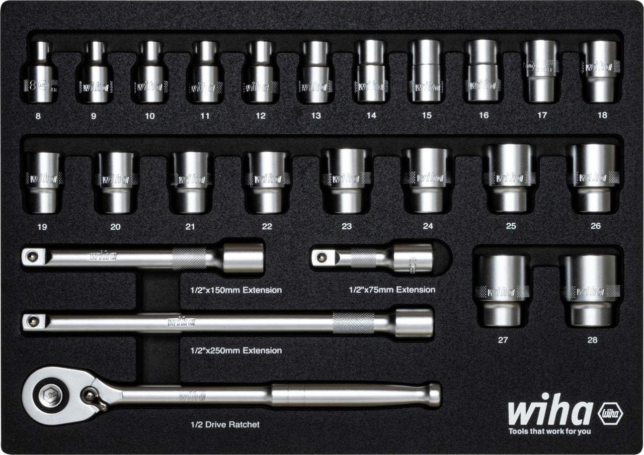 Wiha 338-91 Socket Set, 26 pcs Metric 1/2 Drive