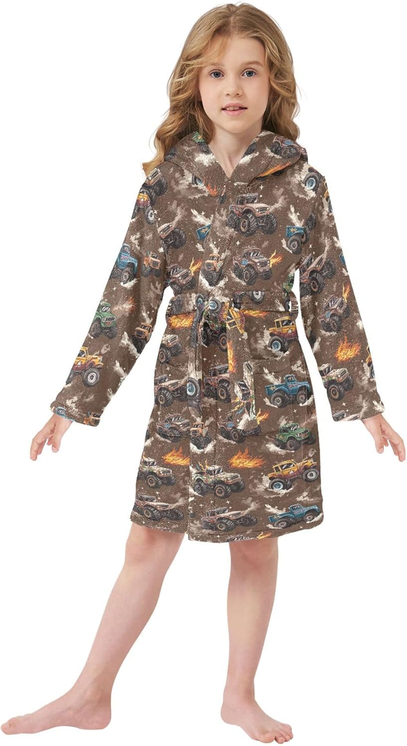 Monster Truck Cars Brown Cartoon Bathrobe Hooded PJ Robe Plush Fleece Robe Pajama Sleepwear 2-12 Years