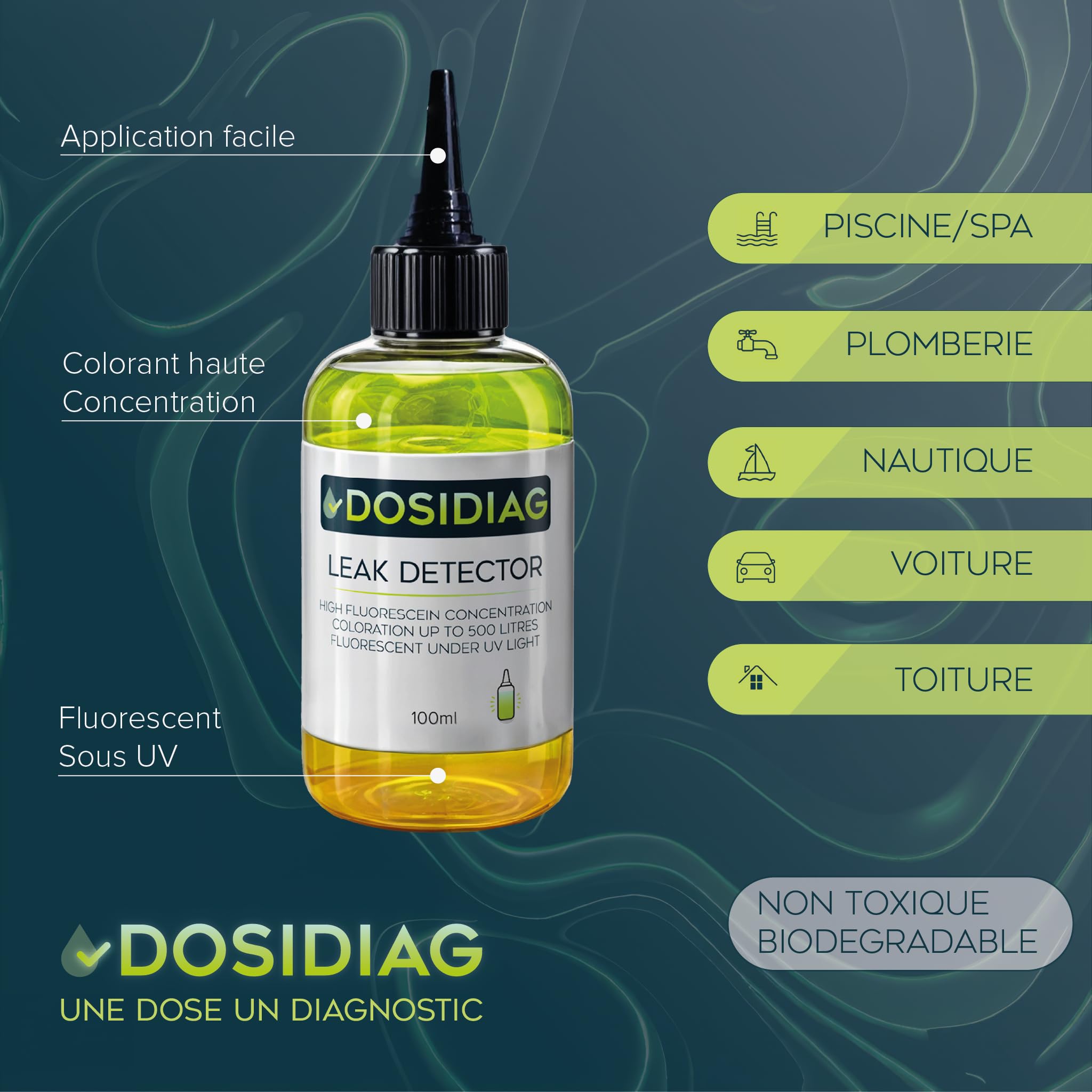 Détecteur de fuite DOSIDIAG - Fluorescéine haute concentration - Recherche fuite piscine SPA plomberie toiture voiture