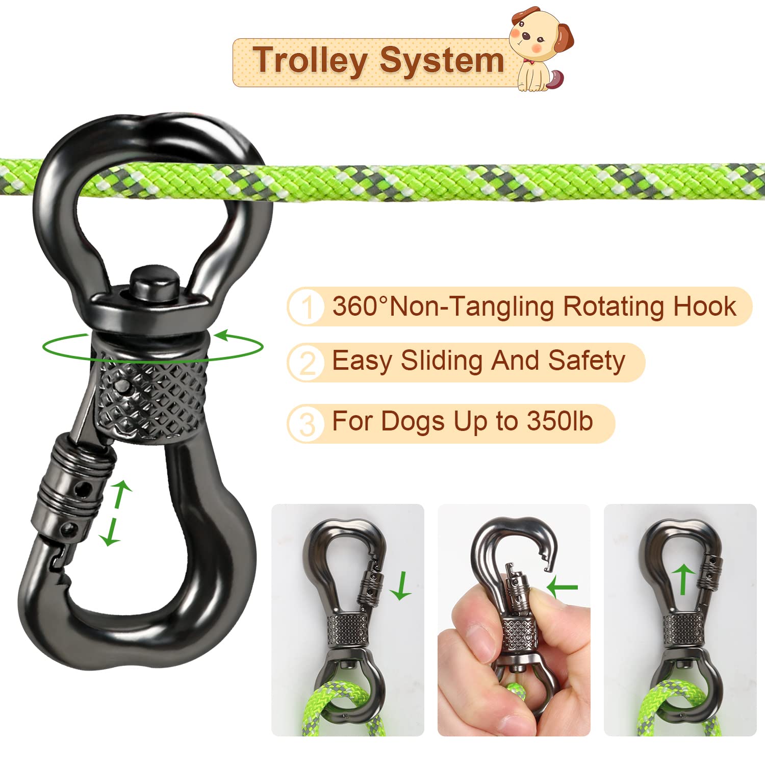 XiaZ Hondenbindkabel voor kamperen, 50 meter draagbaar overhead trolleysysteem voor honden tot 300 lbs, hondenriem voor tuin, camping, parken, buitenevenementen, 5 min installatie, groen