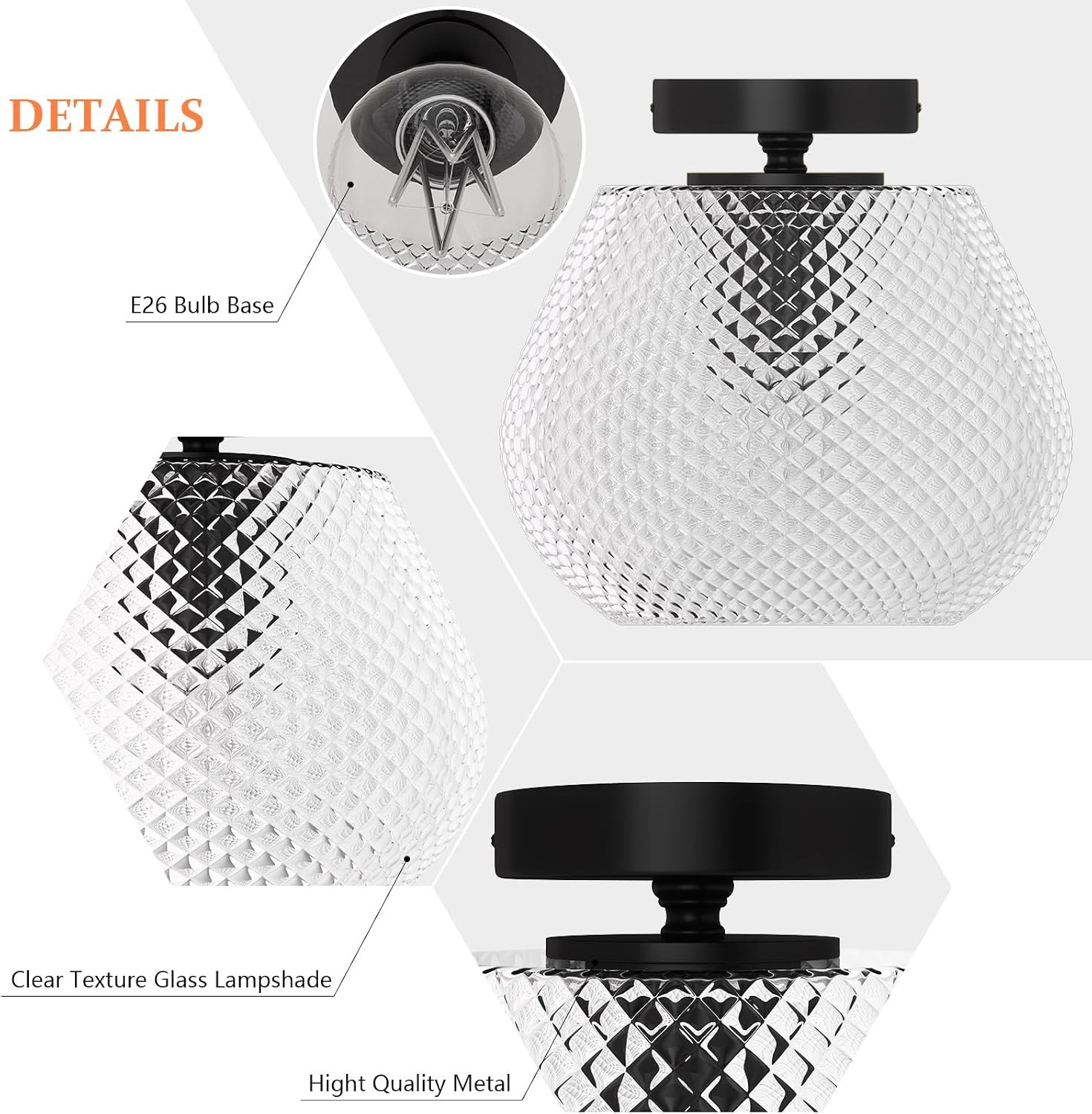 Maxax 10" Ceiling Light, Black Semi Flush Mount Light Fixture with Translucent Ribbed Glass, Modern Mini Ceiling Lamp for Bathroom, Entryway, Kitchen, Bedroom, E26 Base (Bulb Not Included)
