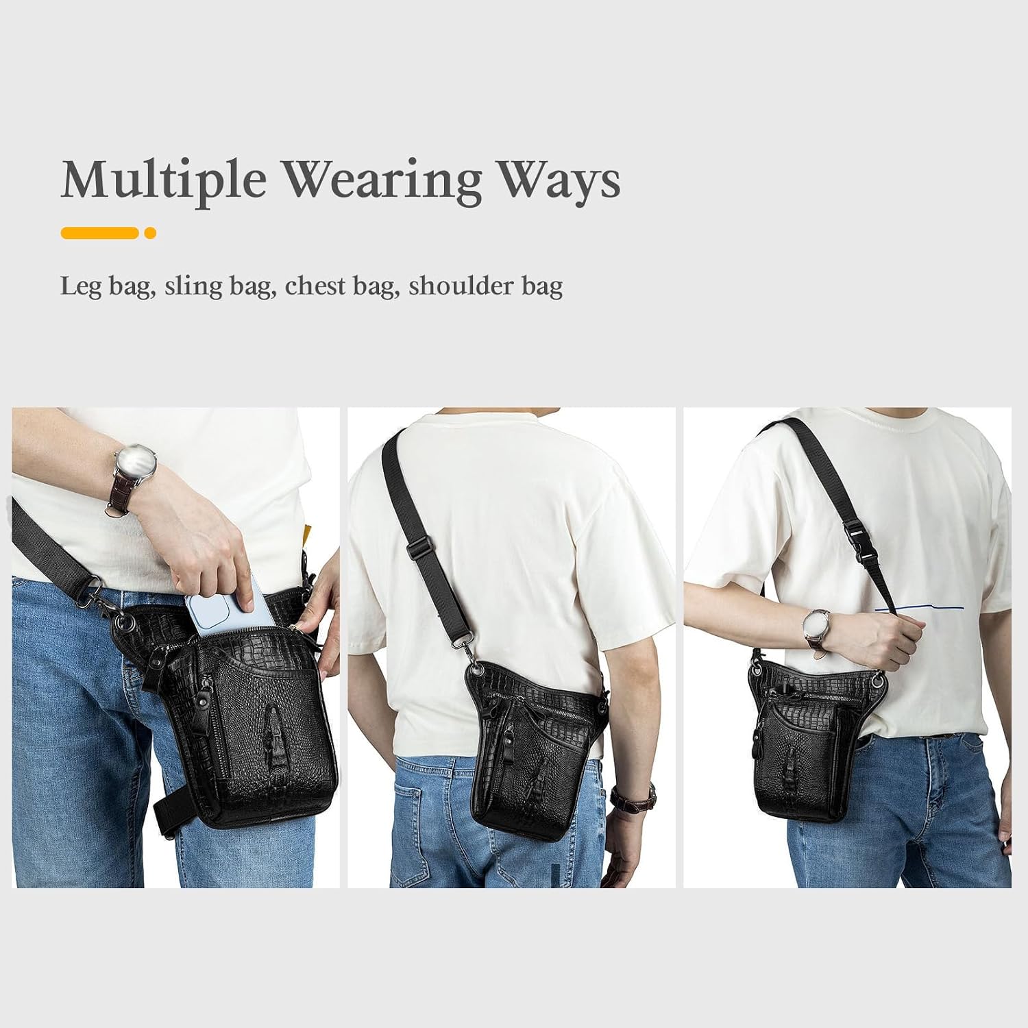Cowhide Leather Motorcycle Leg Bag, Multi Pocket Waist and Shoulder Pack with Adjustable Strap for Riding Hiking Travel Sports (Black)