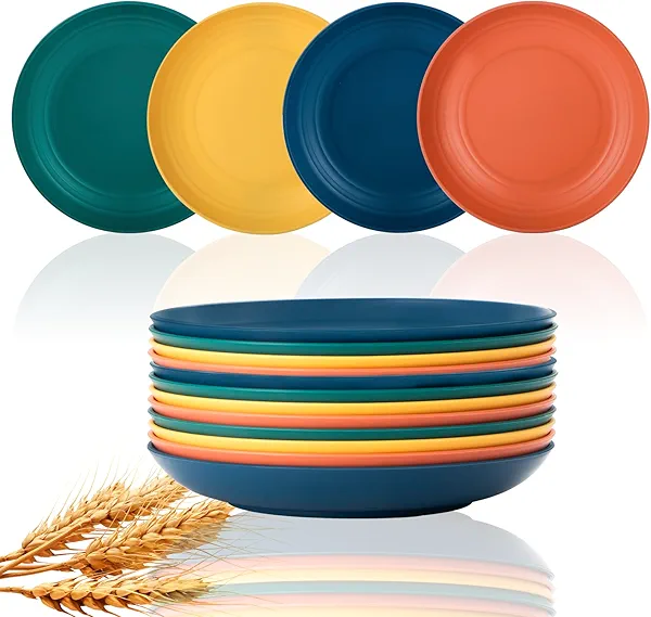 Lazycorner Dinner Plates Unbreakable Wheat Straw Plates Kids Plate Set of 12 Alternative for Plastic Plates Reusable Plate for Kitchen Dishwasher Safe (9 Inches-4 colors)