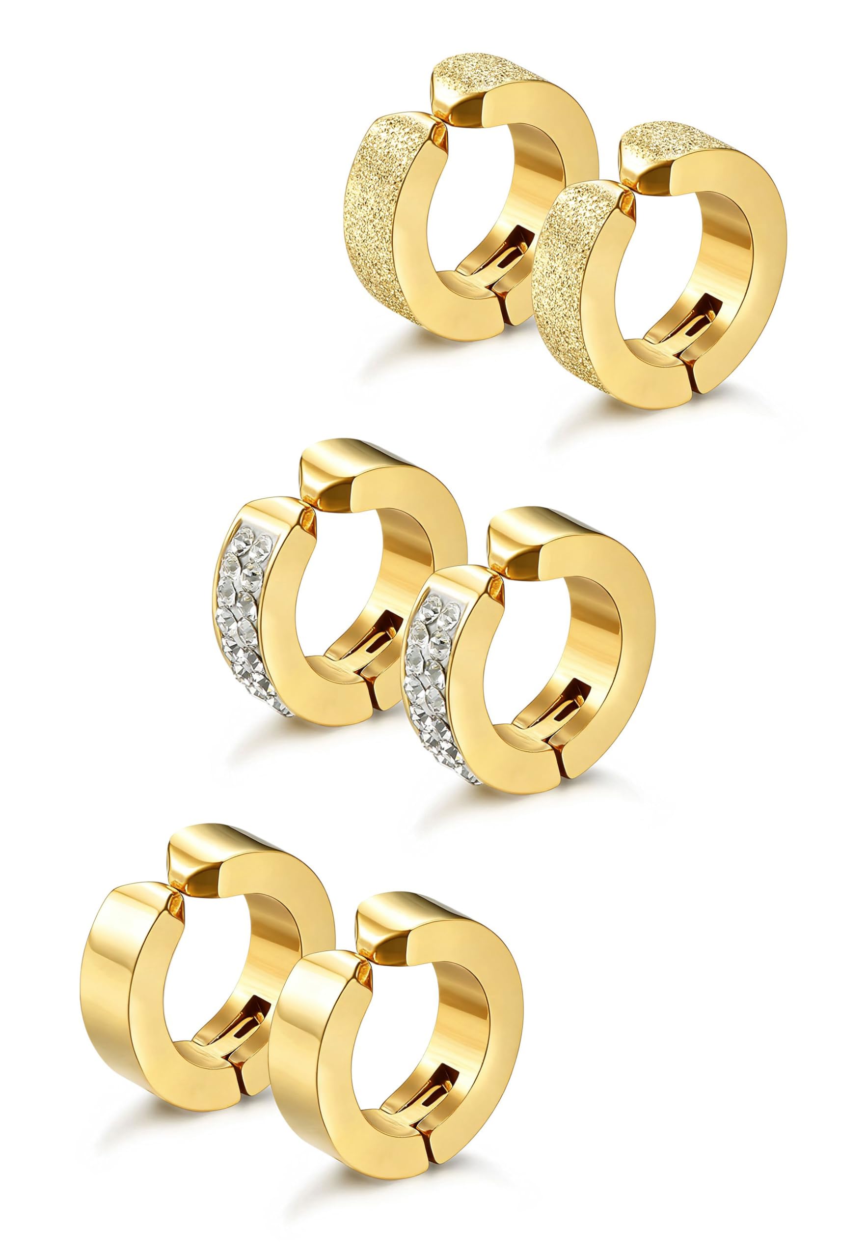 3 Pairs Stainless Steel Mens Womens Hoop Earrings Clip On CZ Non-Piercing