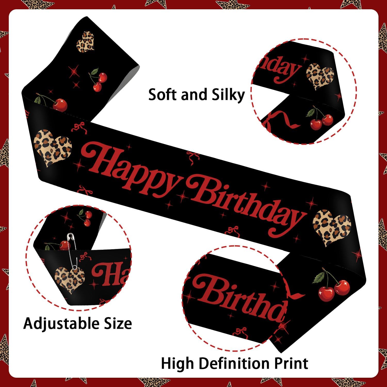 Red Cheetah Print Cherry Sash Birthday Party Decorations, Y2K Leopard Print Cherry Satin for Big Mama Women Birthday Decorations