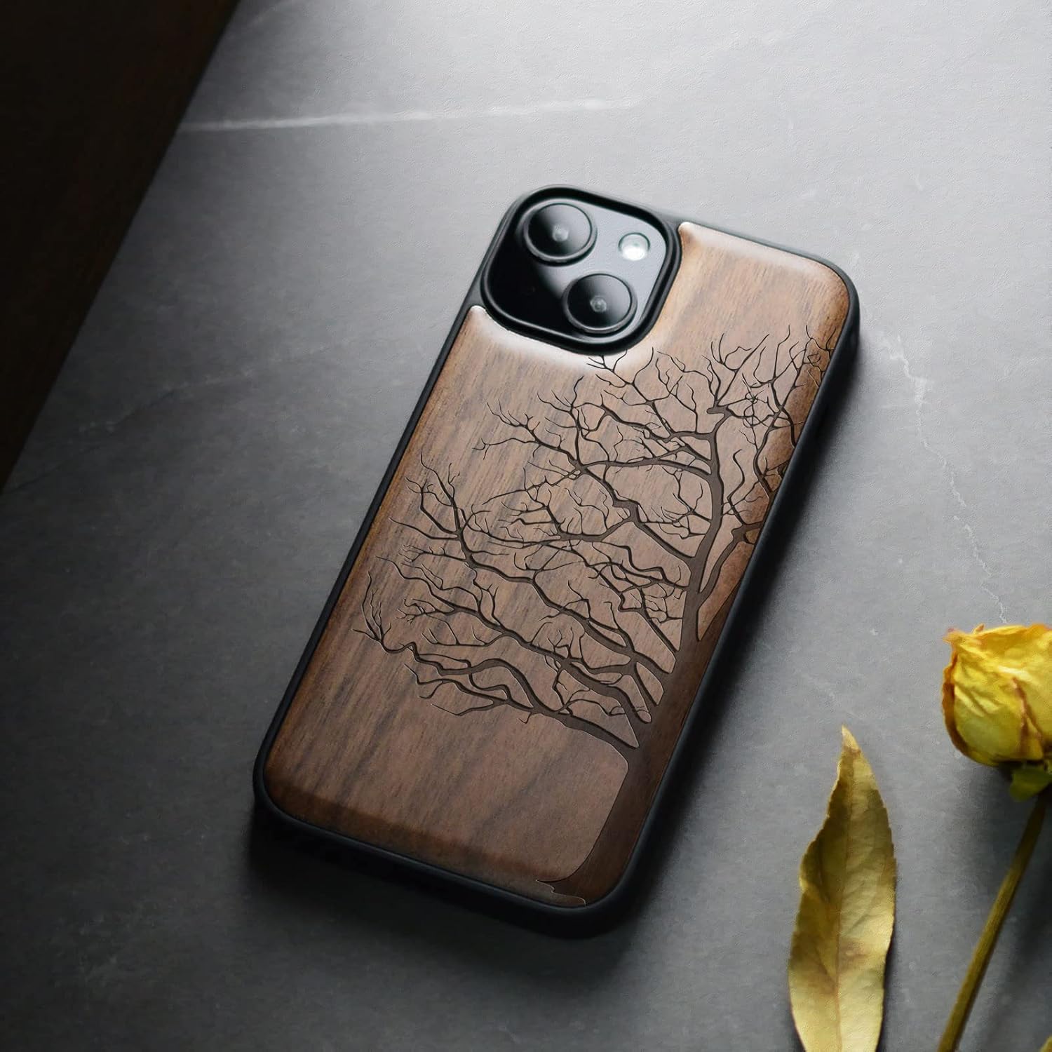 Carveit Magnetic Wood Case for iPhone 14 Case [Natural Wood & Black Soft TPU] Unique & Classy Wooden Shockproof Protective Cover Compatible with magsafe (Eternal Tree -Walnut)