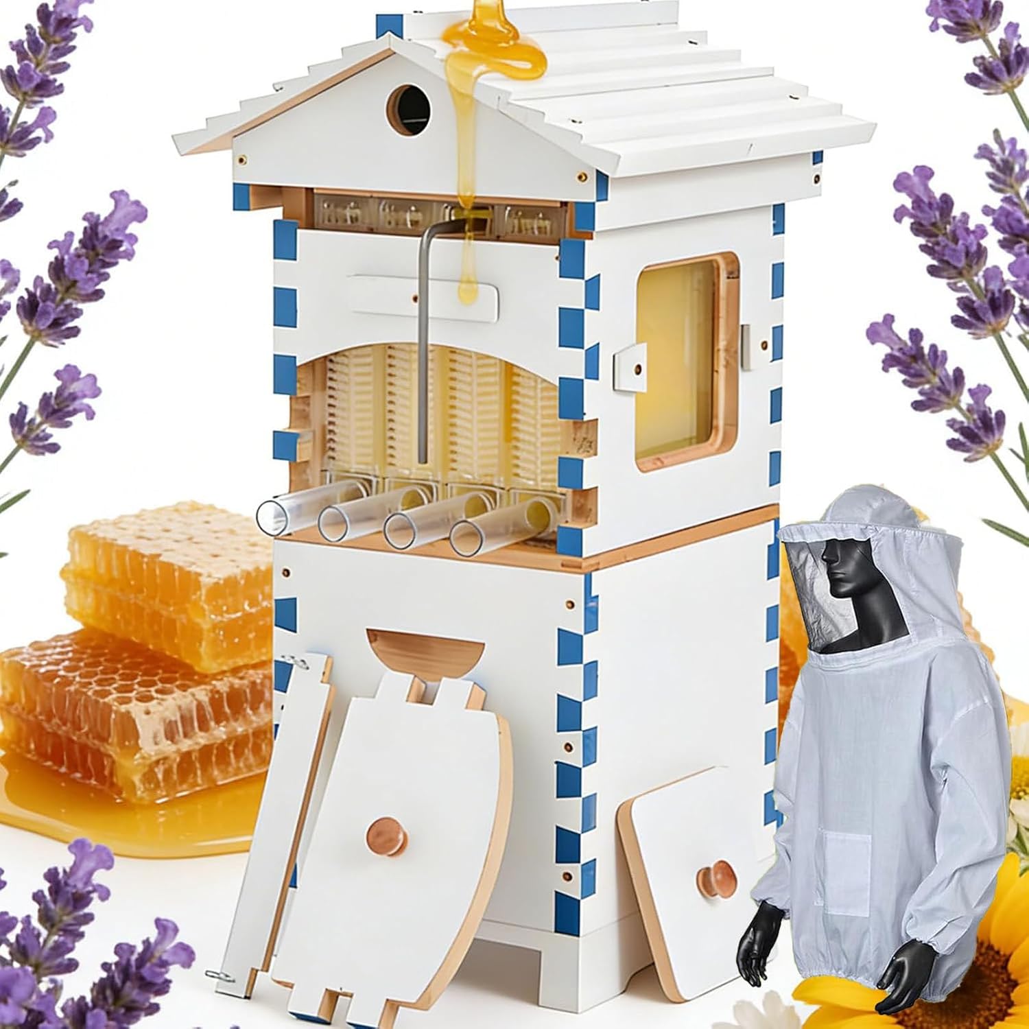Self-Flow Hive Beehive Starter Kit,Frame Complete Bee Box with Observation Window & Honey Spout,Carpenter Bee House,with Bee Suit for Garden Pollinators