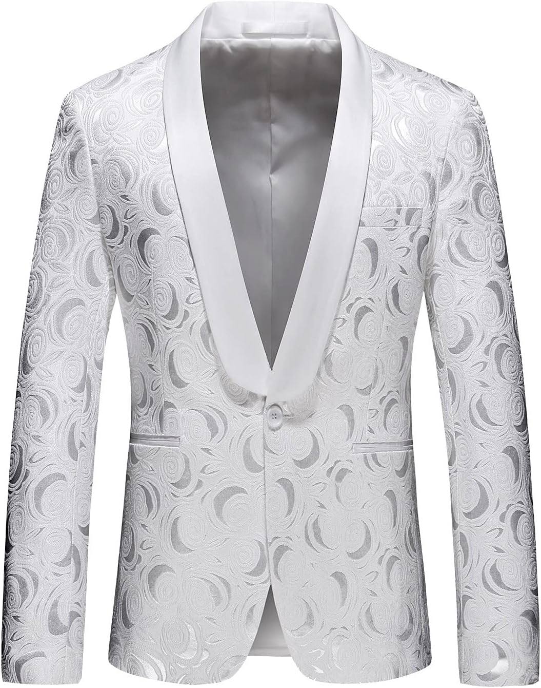 MOGU Mens Blazer Slim Fit Suit Jacket White Floral Jacquard Material
