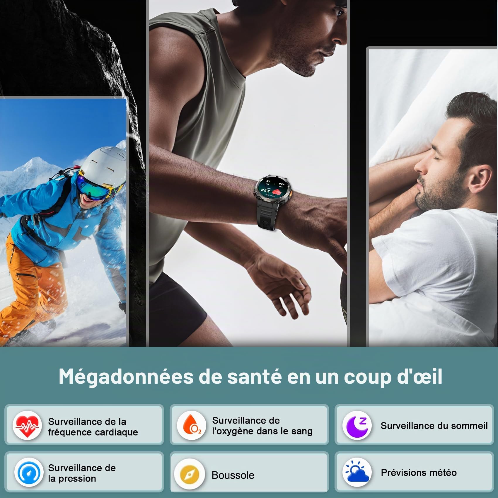 IOWODO Montre Connectée Homme, Appels Bluetooth, Whatsapp, 1,45" HD Ecran Tactile, Analyse Fréquence Cardiaque/SpO2/Sommeil, 120+ Modes Sportifs, IP68 étanchéité, Boussole, Android/iOS