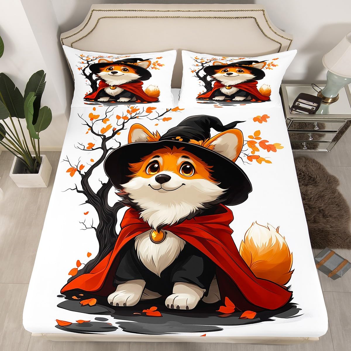 Corgi Witch Fitted Sheet Twin,Cartoon Halloween Dog Bed Sheet 2 Pieces(No Flat Sheet),Rustic Farmhouse Puppy Bedding Set for Kids Adults,Boys Girls Lovely Animal Deep Pocket Sheet Room Decor