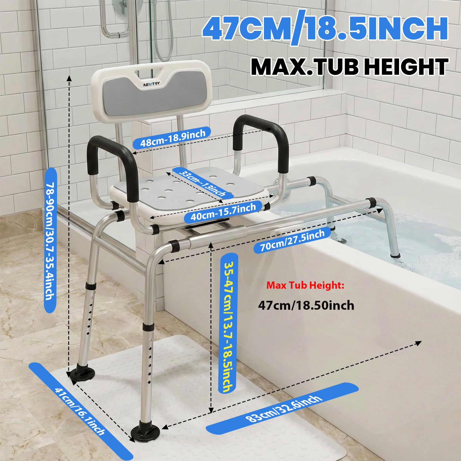 NEWTRY Sedia per doccia, Panca di trasferimento per vasca da bagno scorrevole,sgabello bagno girevole a 360°con regolazione dell'altezza a 12 livell per Anziani Disabili