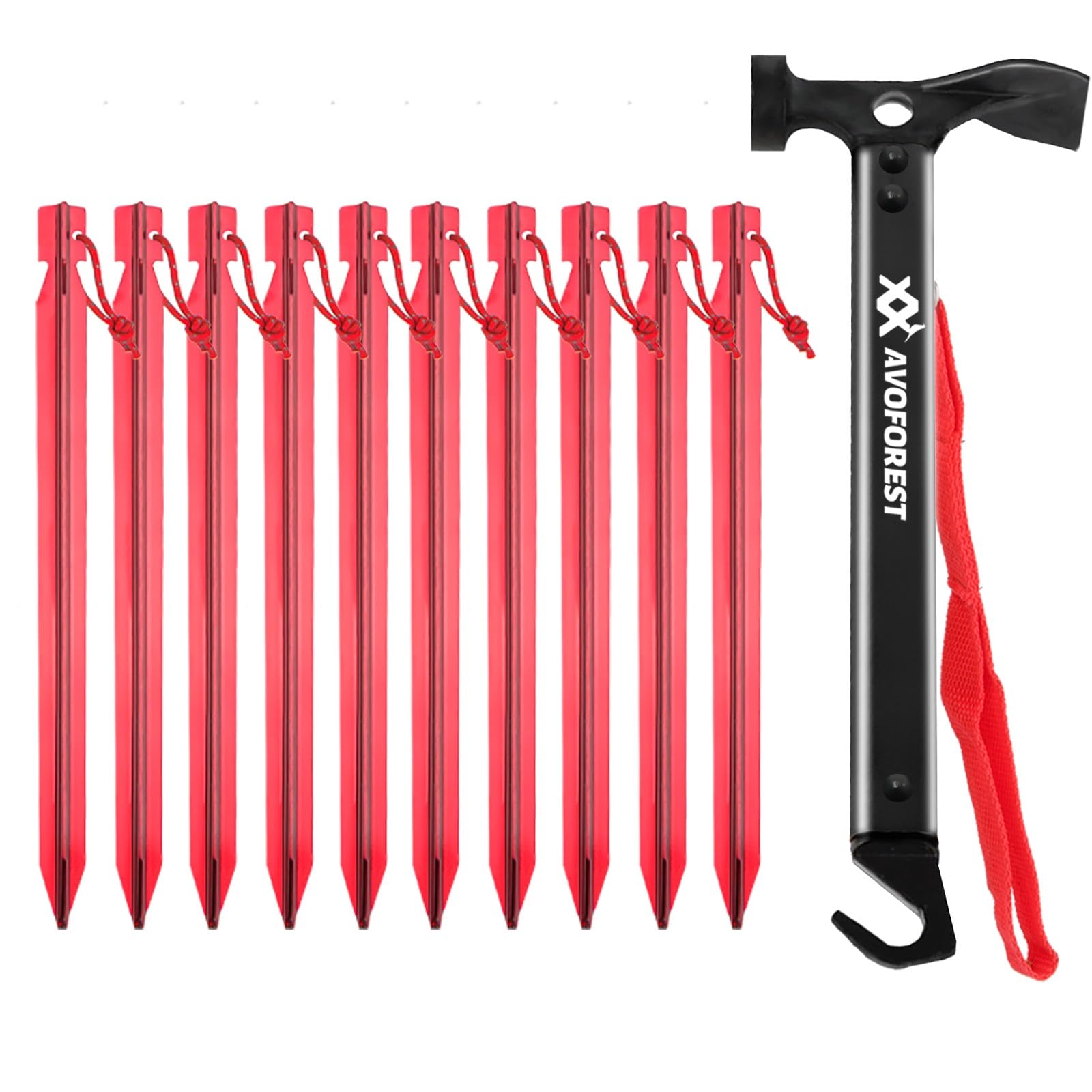 Camping Hammer mit 10 PCS Zelt Heringe, Hammer aus Aluminium, Outdoor-campinghammer, Multifunktionaler Campinghamme für Zeltheringe mit Aufbewahrungstasche (B-Red)