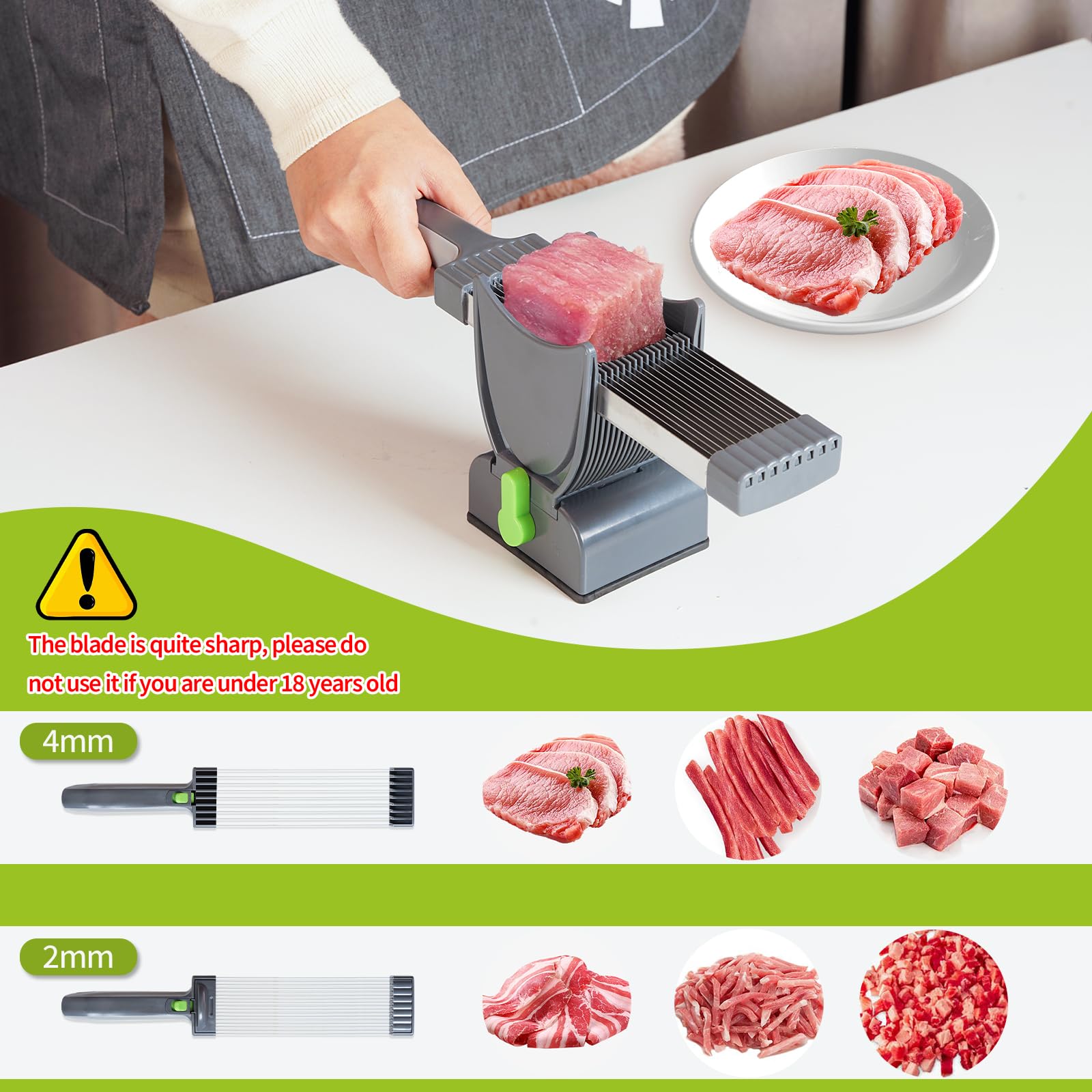 Fresh Meat Slicer - Thickness Adjustable 2 or 4 mm 17 IN 1 Stainless Steel Manual Meat Slicer Set for Fresh Meat Slicing Shredding Food Cutter for Beef Pork Mutton Home Cooking BBQ Hot Pot