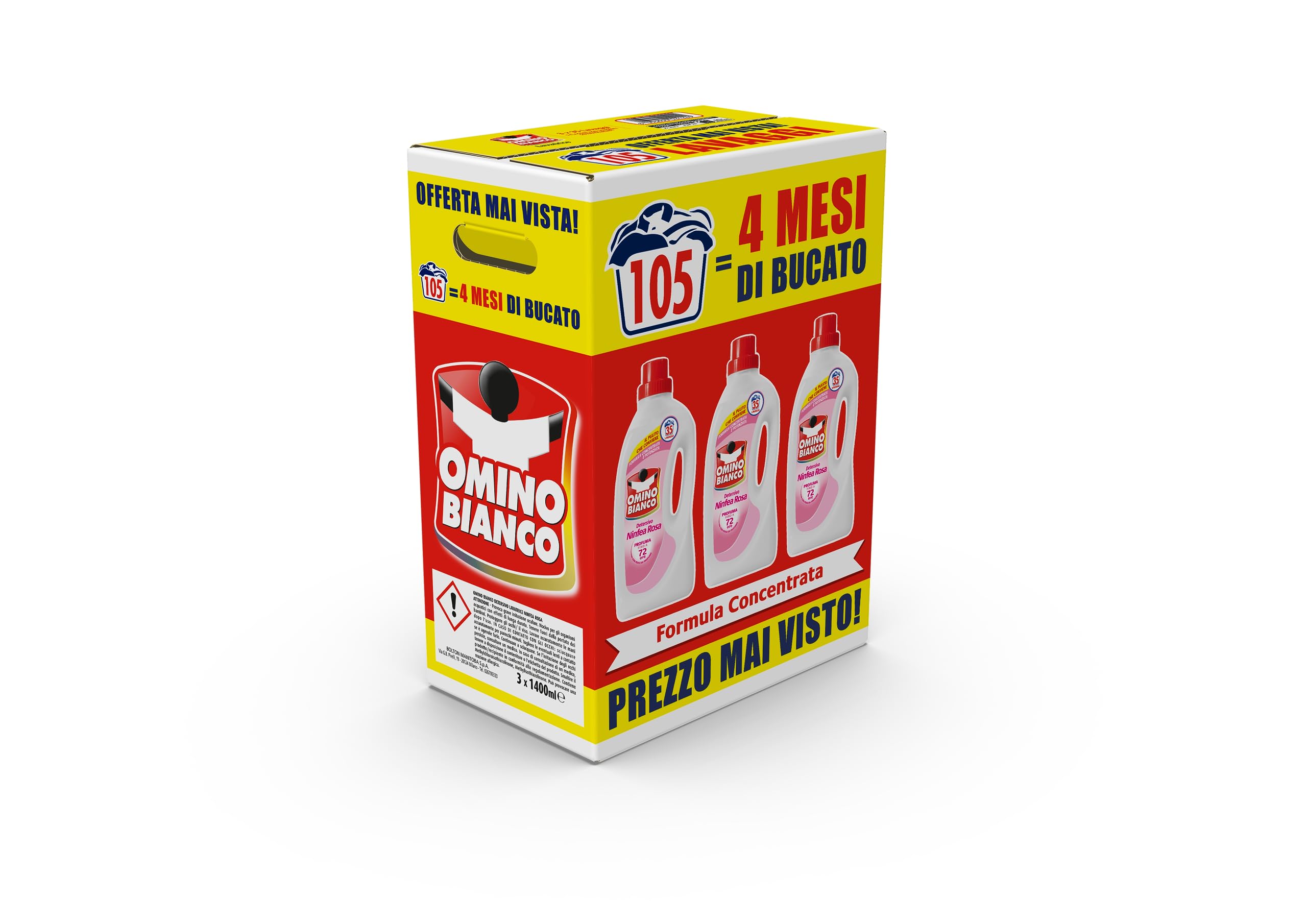 Omino Bianco - Detersivo Lavatrice Liquido, 105 Lavaggi, Rispetta Colori e Tessuti, Fresco Profumo di Ninfea Rosa, 1400 ml x 3 Confezioni 1.4 l (Confezione da 3)