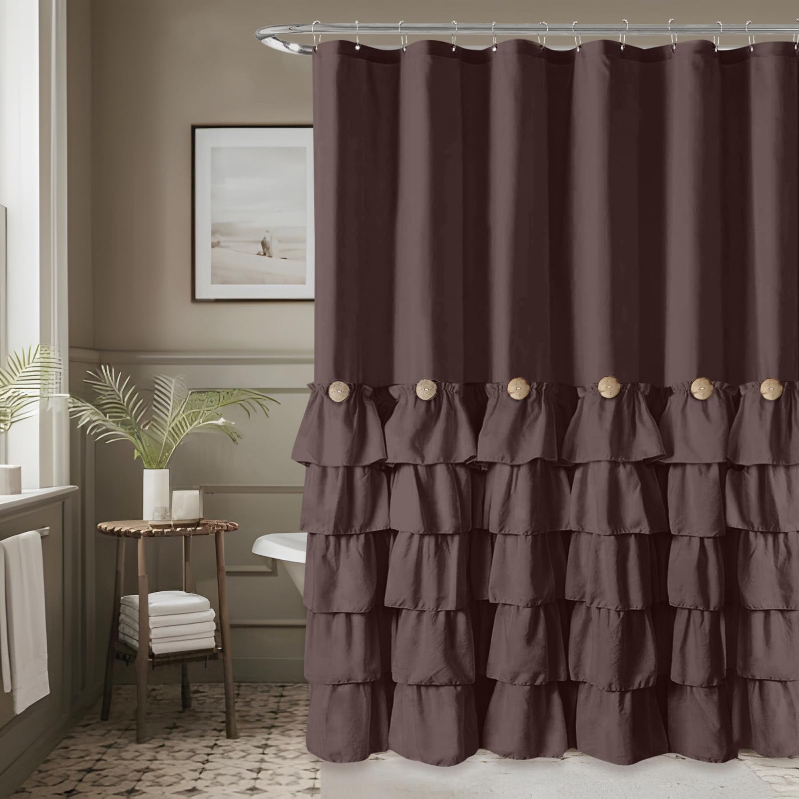 Seasonwood Cortinas de Ducha Marrones para baño, Cortina de Ducha marrón Oscuro con Volantes, Cortina de Ducha de Tela Estilo Granja (marrón)